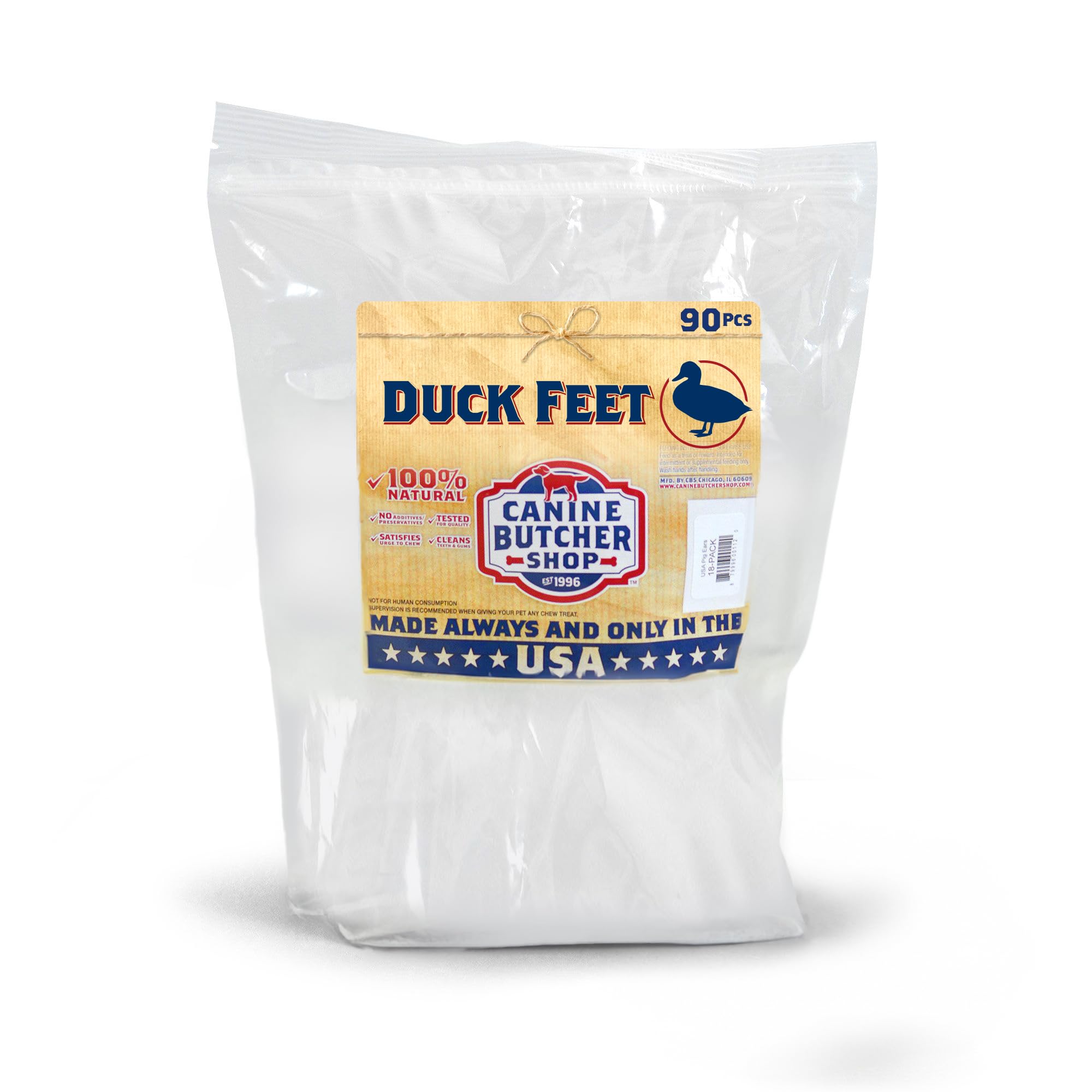 Canine Butcher Shop Duck Feet for Dogs (Pack of 90), Raised & Made in USA Dehydrated Duck Feet, All-Natural Dog Chews, Treats, S