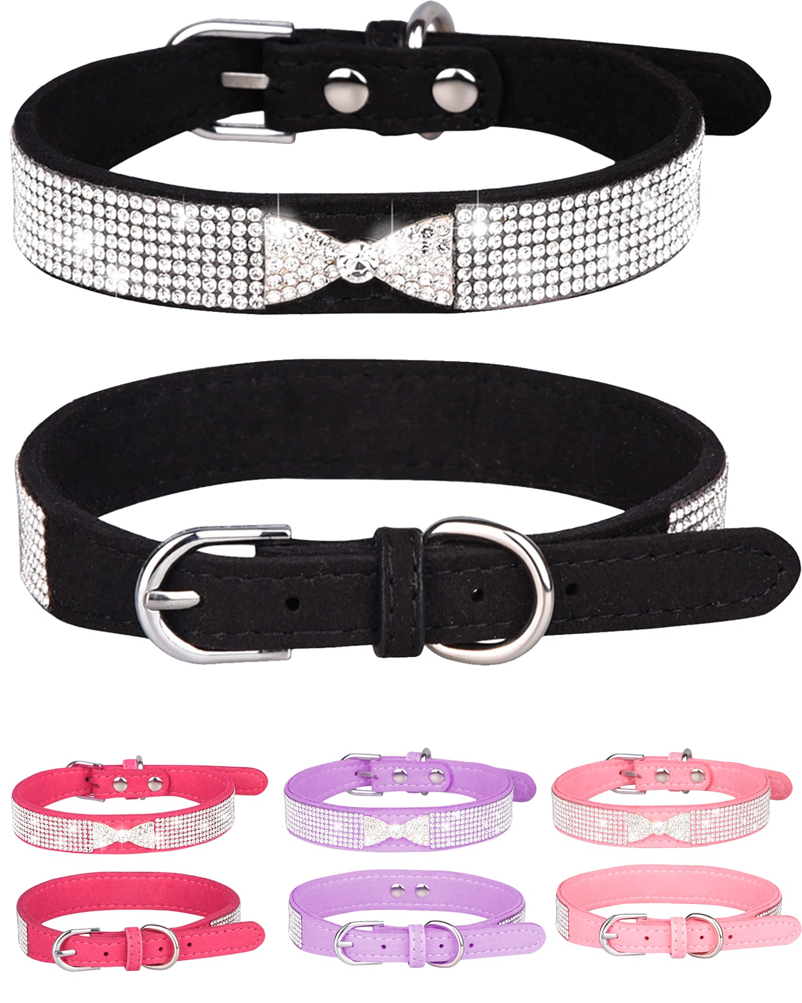 Dog Collar For Small Dogs, Adjustable Leather Suede Bling Dog Collars,Pink Dog Collar Cat Collar, Rhinestone Dog Collar (S, Blac