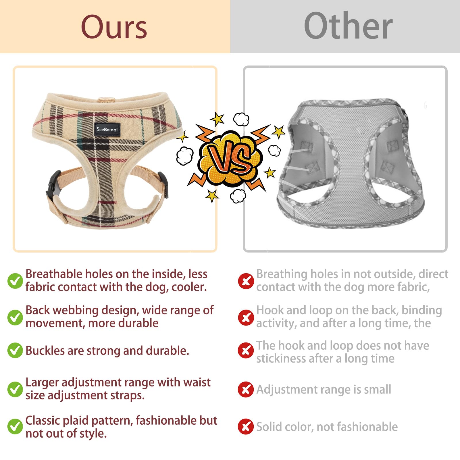 Scenereal Puppy Dog Harness With Leash Set For Small Medium Sized Dogs, Soft Mesh Step In Pet Harnesses And Leash, No Chock Plaid Adjustible No Pull Vest For Dogs Cats, Chihuahua,Bulldog (Beige M)