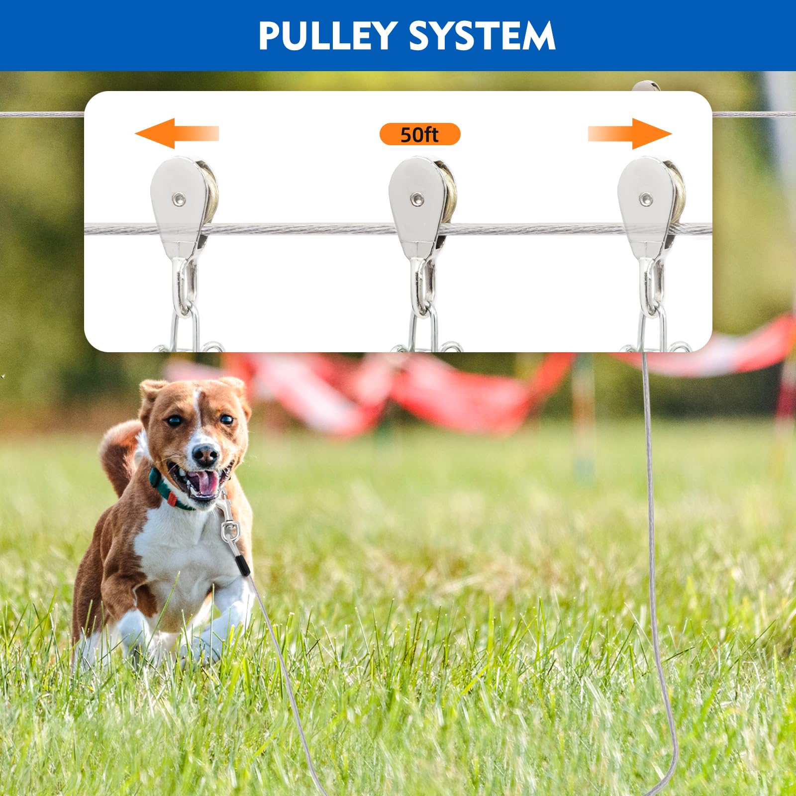 Luffwell Dog Runner - 50Ft Lead With 15Ft Pulley, Heavy Duty For Dogs Up To 250Lbs, Silver
