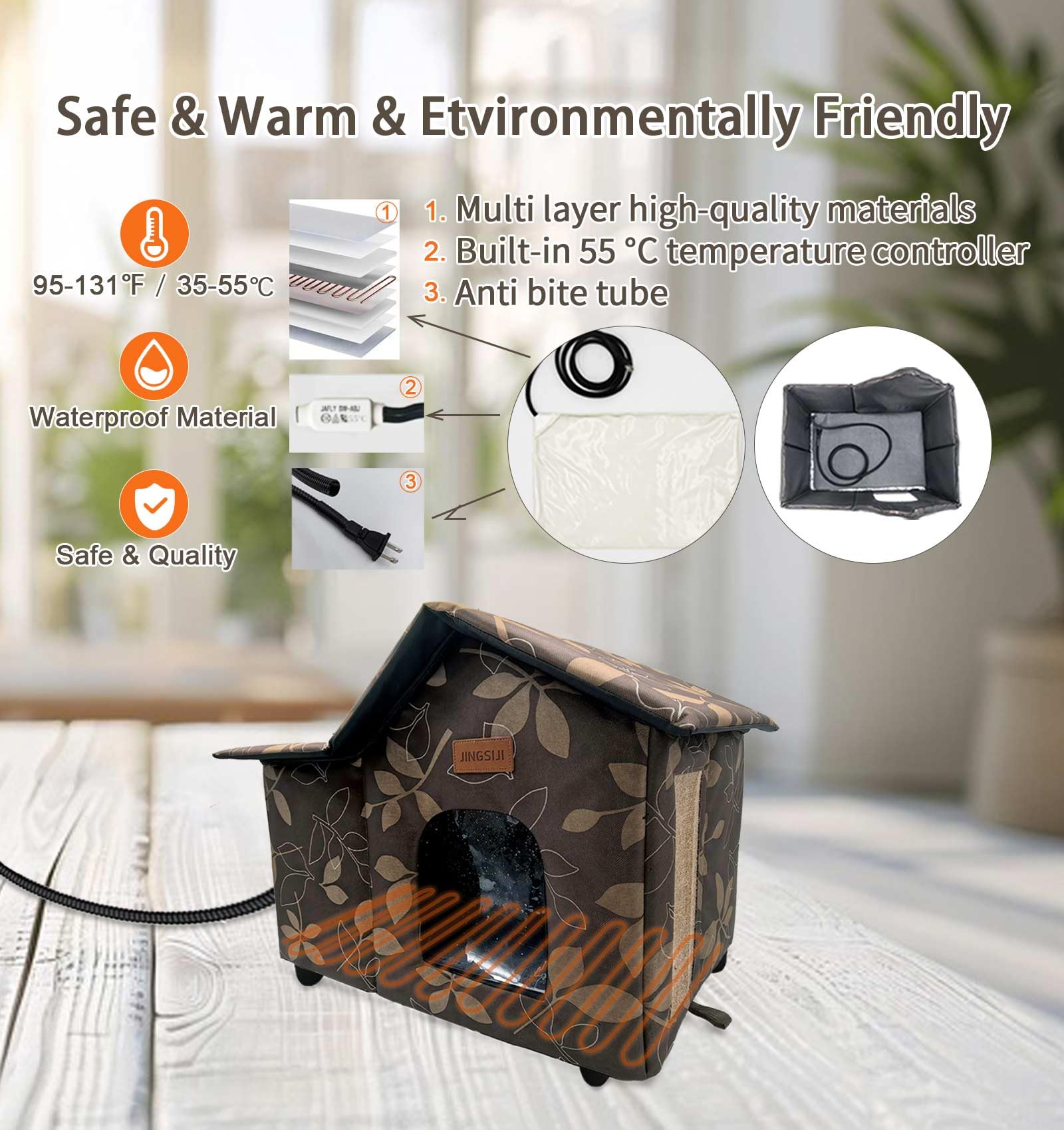 Jingsiji Winter Heated Cat House, Sturdy Indoor And Outdoor Cat Shelter With Heating Mat, Waterproof, Insulated, Weather Resista