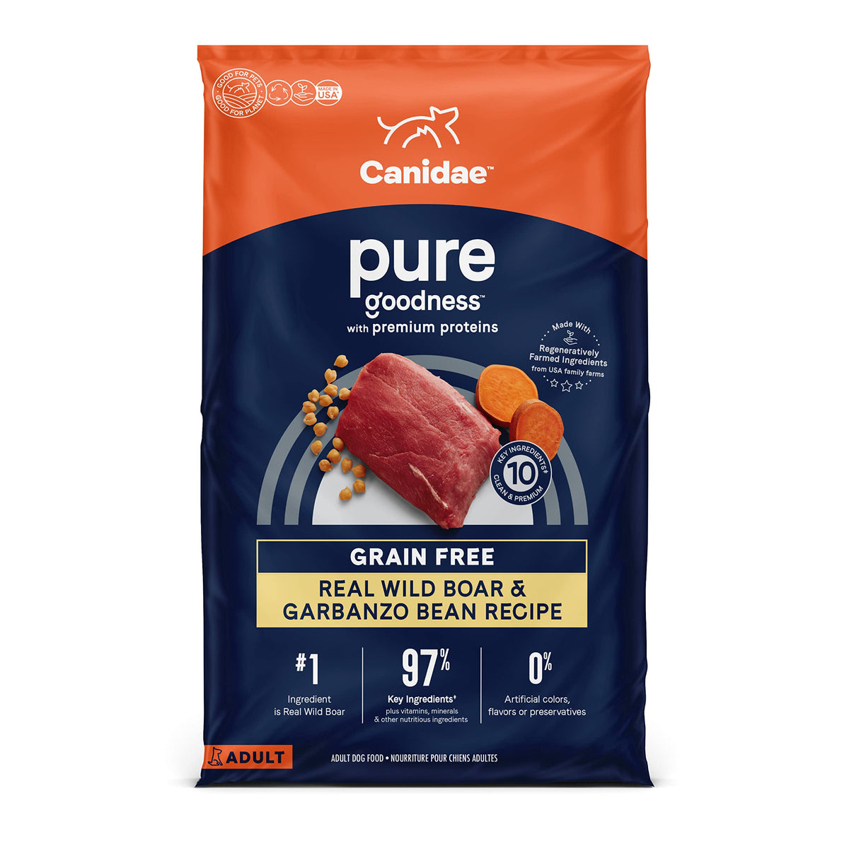 Canidae Pure Limited Ingredient Premium Adult Dry Dog Food, Real Wild Boar & Garbanzo Bean Recipe, 22 Lbs, Grain Free