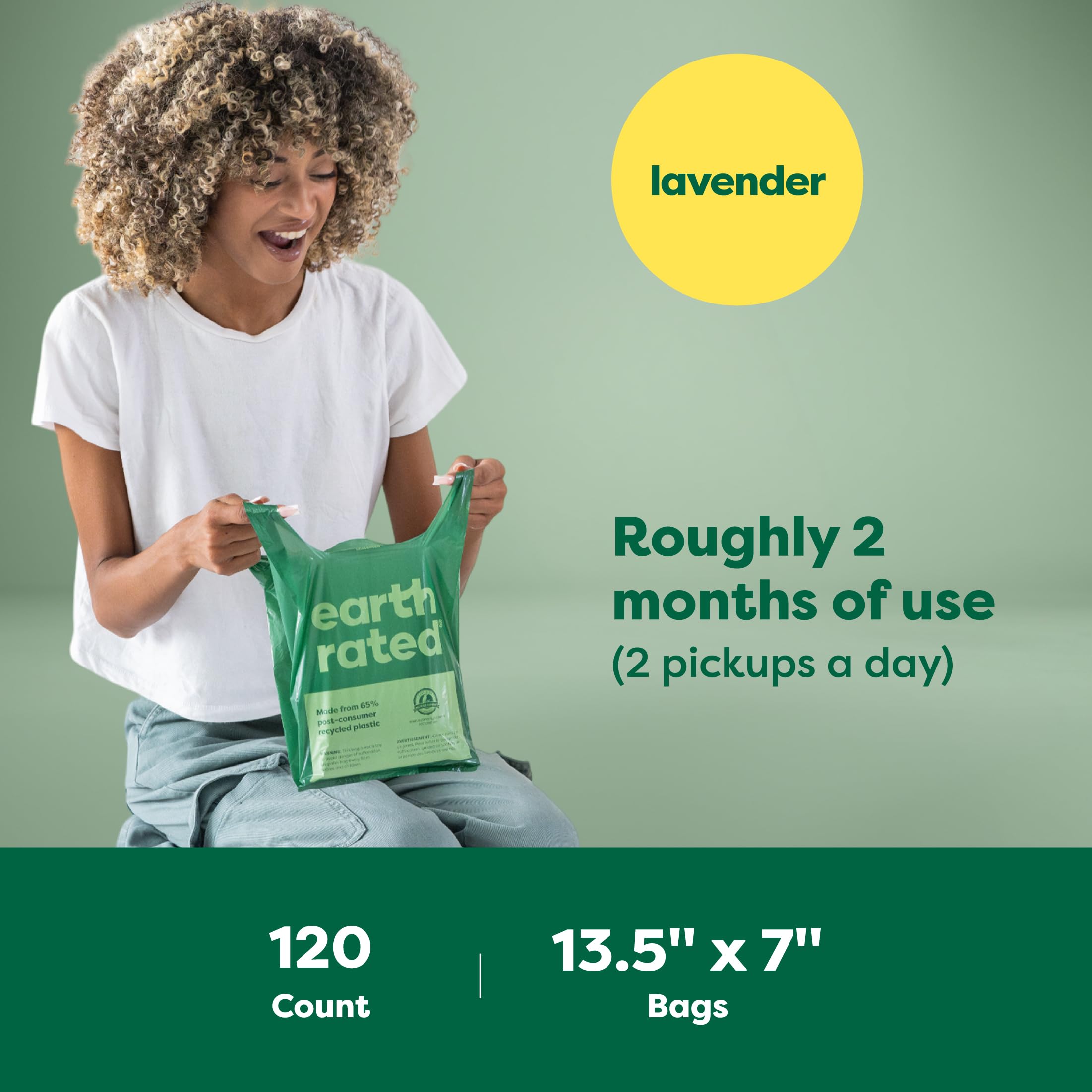 Earth Rated Dog Poop Bags With Handles, Extra Wide, Easy Tie And Guaranteed Leakproof, Lavender Scented, 120 Handle Bags