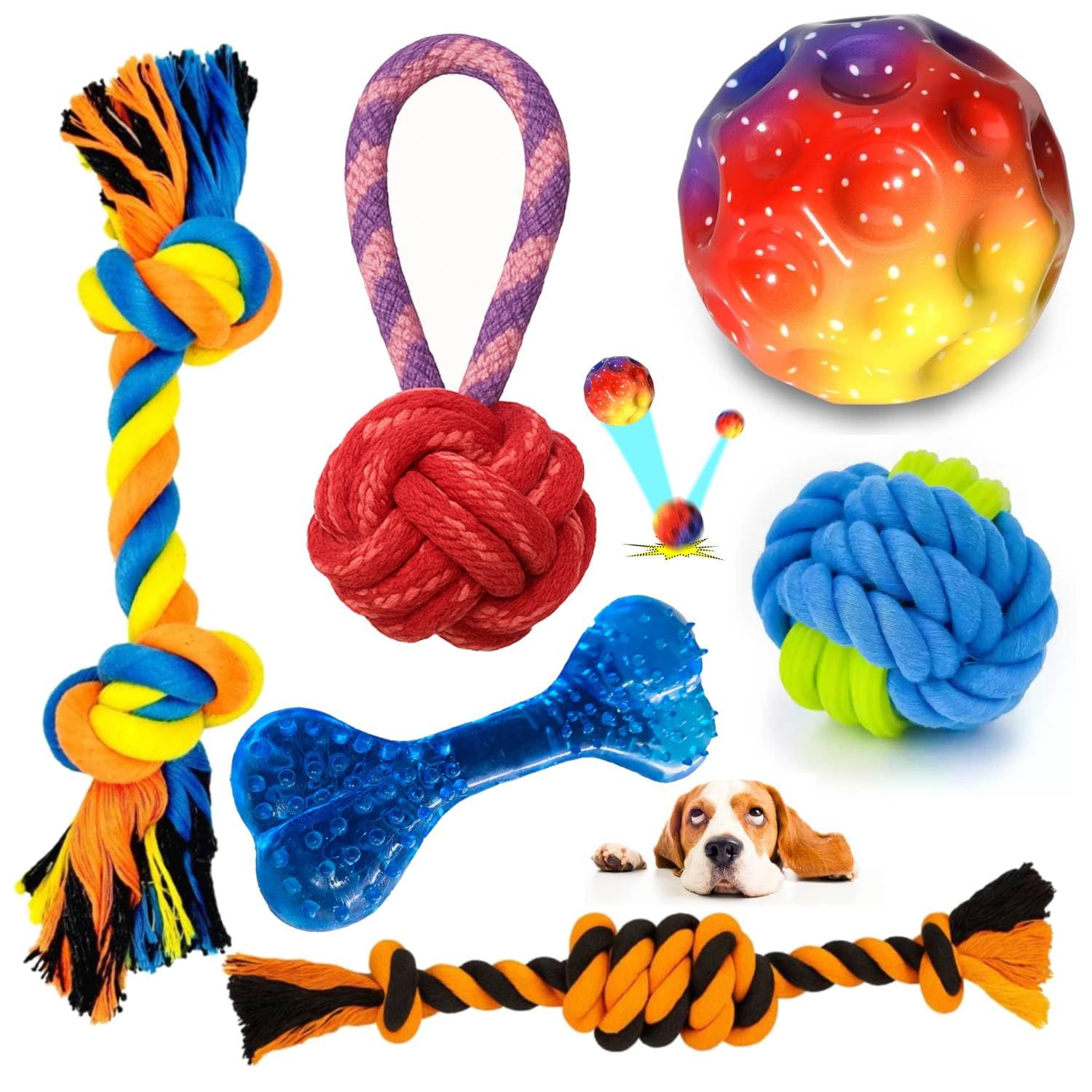 PETZLUV Dog Chew Toy Set for Small & Medium Dogs ? 6 Pieces Durable Rope Toys, Rubber Bone & Bouncy Foam Ball ? Interactive Dog 