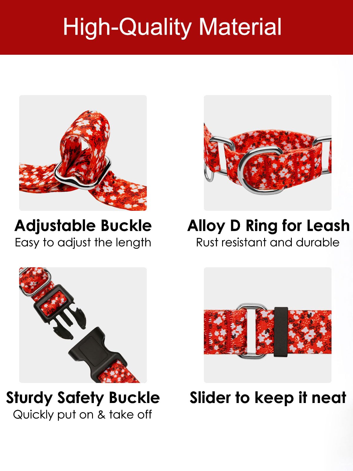 Joocpup Martingale Dog Collar With Tag Ring - Adjustable Soft Nylon No-Slip Design For Small, Medium & Large Dogs, Red Flower L