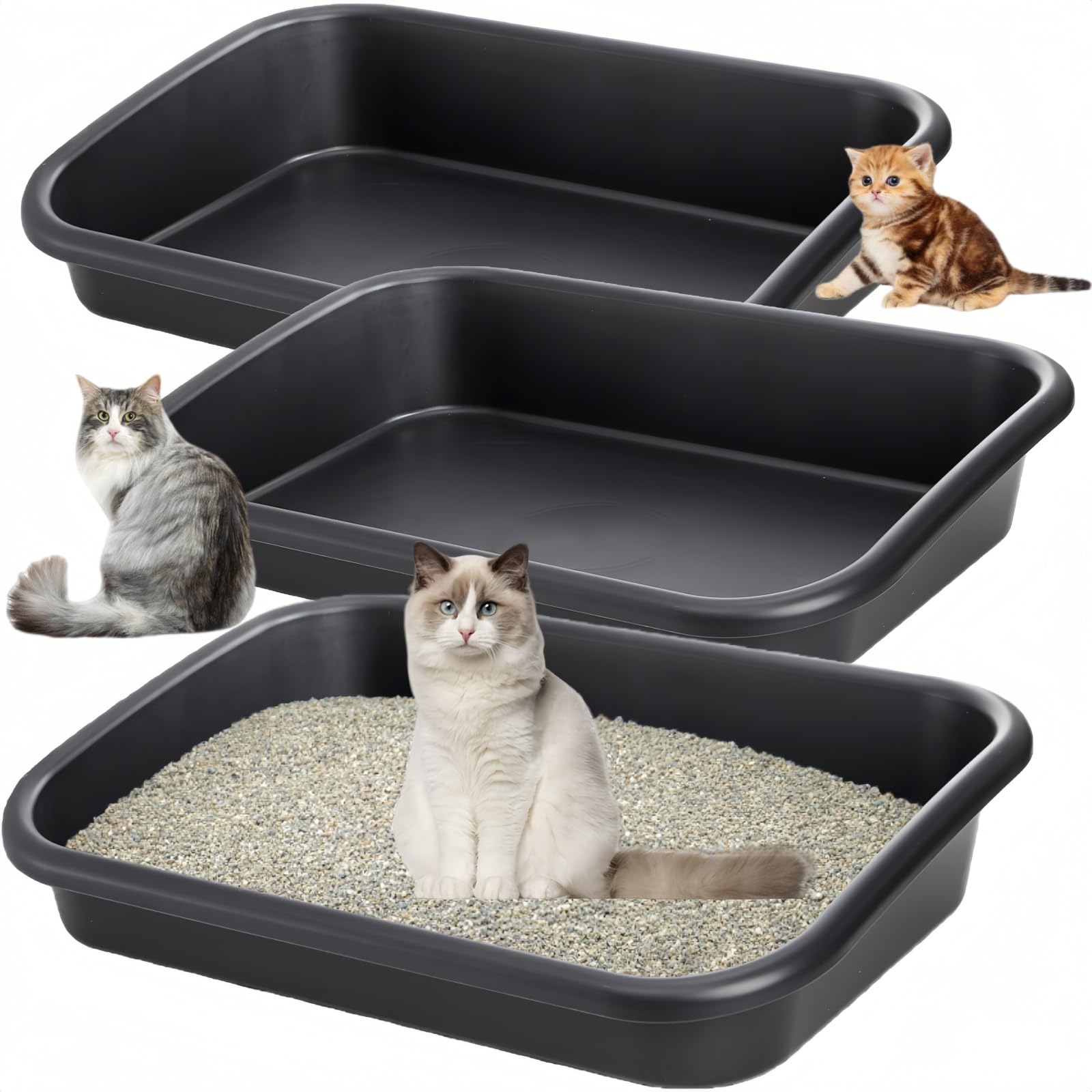 Tlence 3 Pack Low Entry Cat Litter Box, 23 Open Top Pet Litter Pan for Kitten, Extra Large Senior Cat Travel Toilet, Shallow Pot