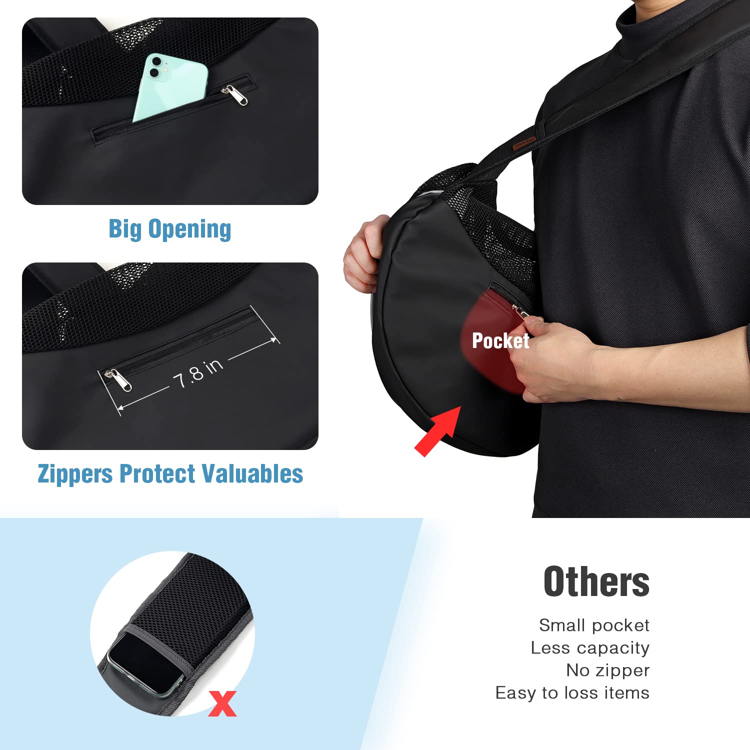 Woyyho Small Pet Dog Sling Carrier Zipper Pocket Breathable Puppy Sling Carrier With Removable Bottom Adjustable Safe Small Dog