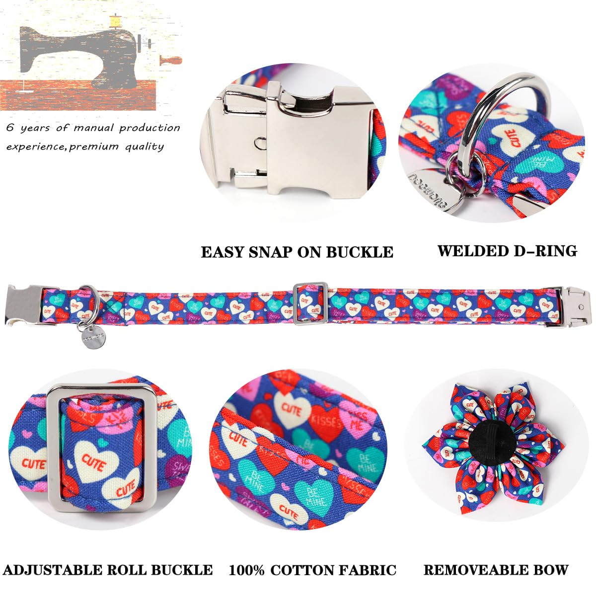 Dogwong Valentine'S Dog Collar With Flower, Blue Heart Bowtie Dog Collar, Adjustable Durable Pink Heart Dog Collar Cute Dog Coll