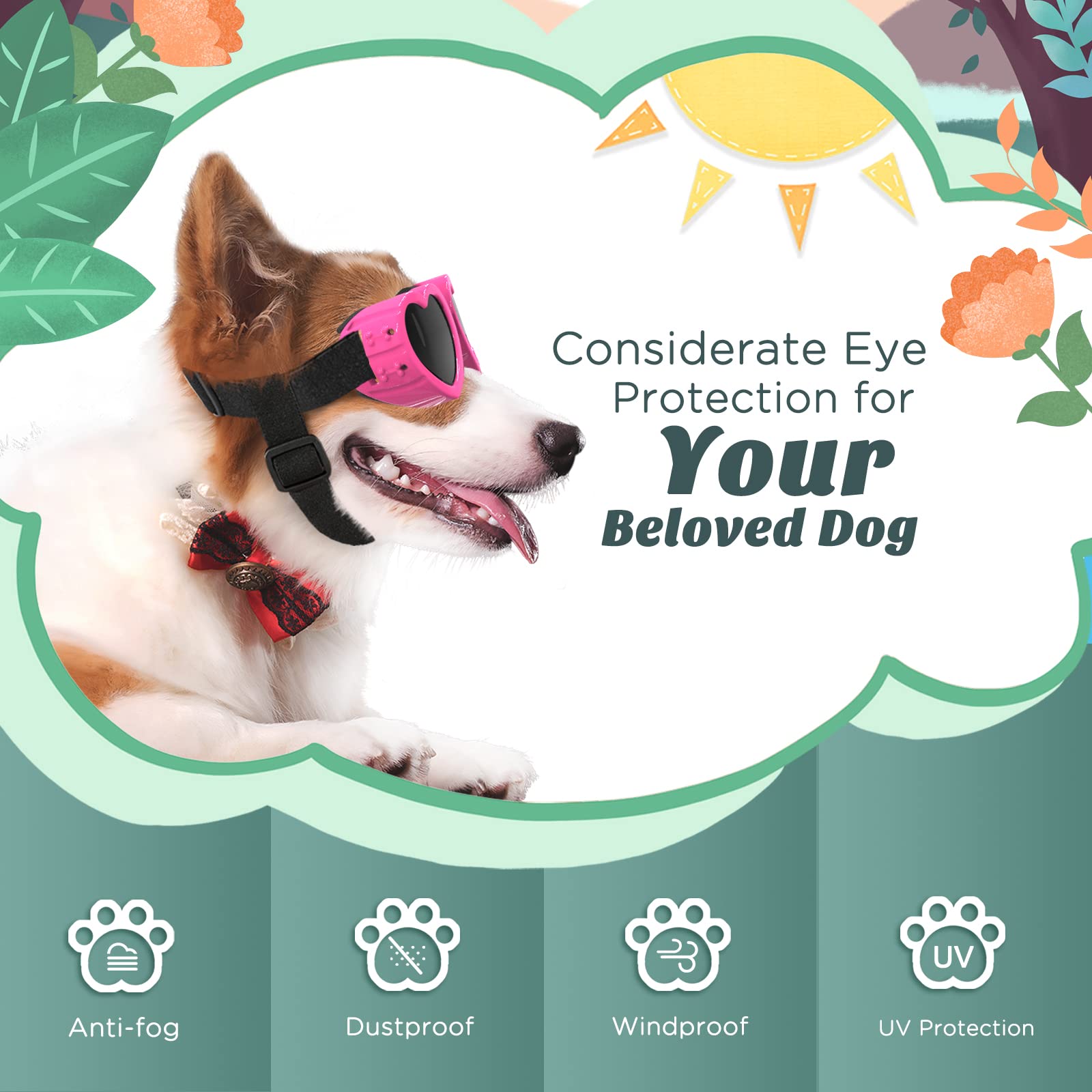 Lewondr Small Dog Sunglasses Uv Protection Goggles Eye Wear Protection With Adjustable Strap Doggy Heart Shape Anti-Fog Sunglasses For Pet Dogs Sun Glasses Doggie Windproof Glasses, Pink