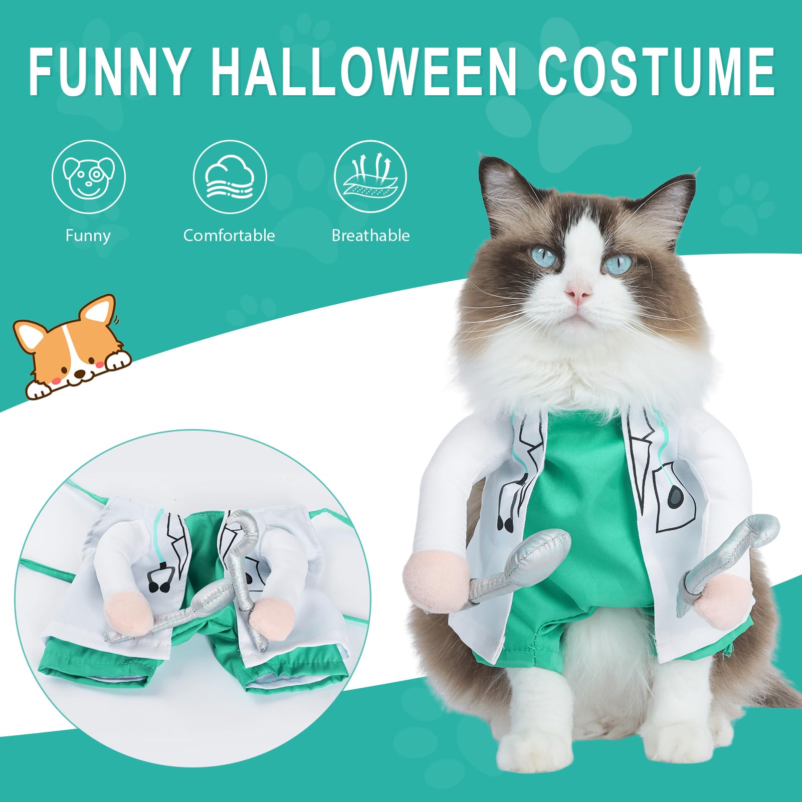 DELIFUR Dog Halloween Dentist Costume - Pet Doctor Dress Up Costume Funny Apparel Uniform Adjustable Doctor Cosplay Outfit for S
