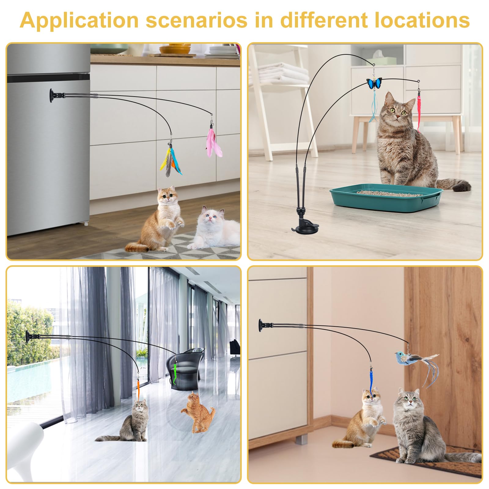 Cat Feather Toys, 14Pcs With 2 Slots Super Suction Cup, Detachable 2Pcs Wand & 11Pcs Replacement Teaser Refills With Bell, Inter