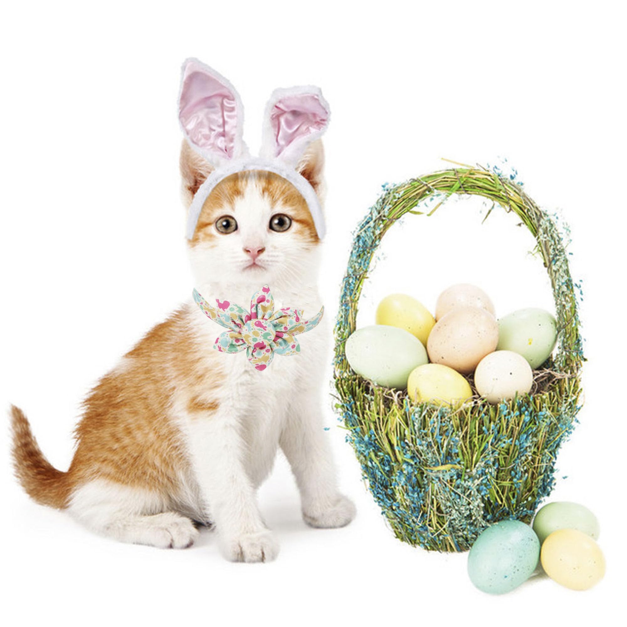 Adoggygo Easter Cat Collars With Removable Flower Bell, Adjustable Rabbit Easter Eggs Pattern Cat Floral Collars For Cats Kitten
