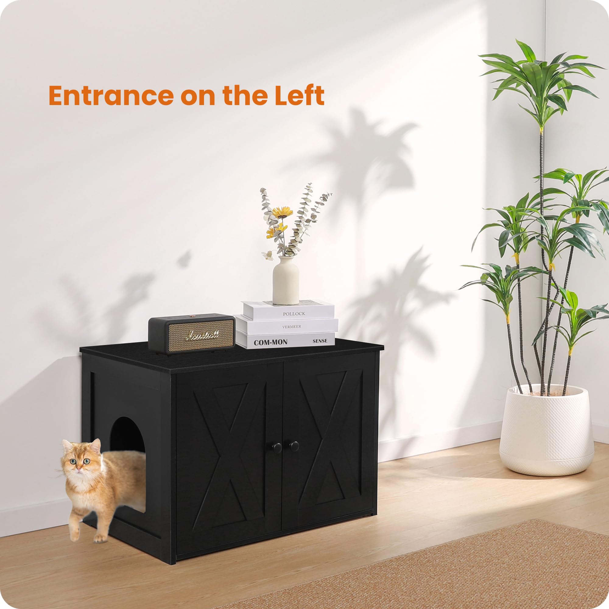 Dwanton Litter Box Enclosure, Cat Litter Box Furniture Hidden, Reversible Entrance Can Be On Left Or Right Side, Wooden Cat Wash