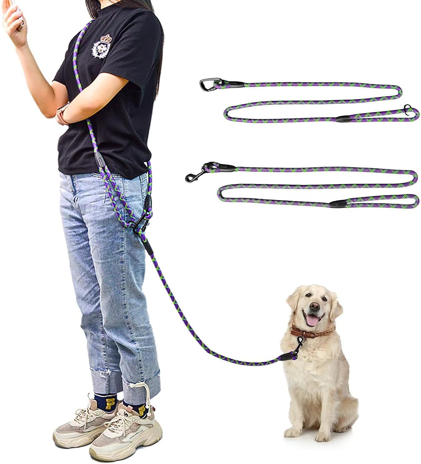 Jopoy Hands Free Dog Leash Waist & Crossbody Rope With Slip Lead Durable For 2 Dogs Nylon Reflective Heavy Duty Hiking Running L