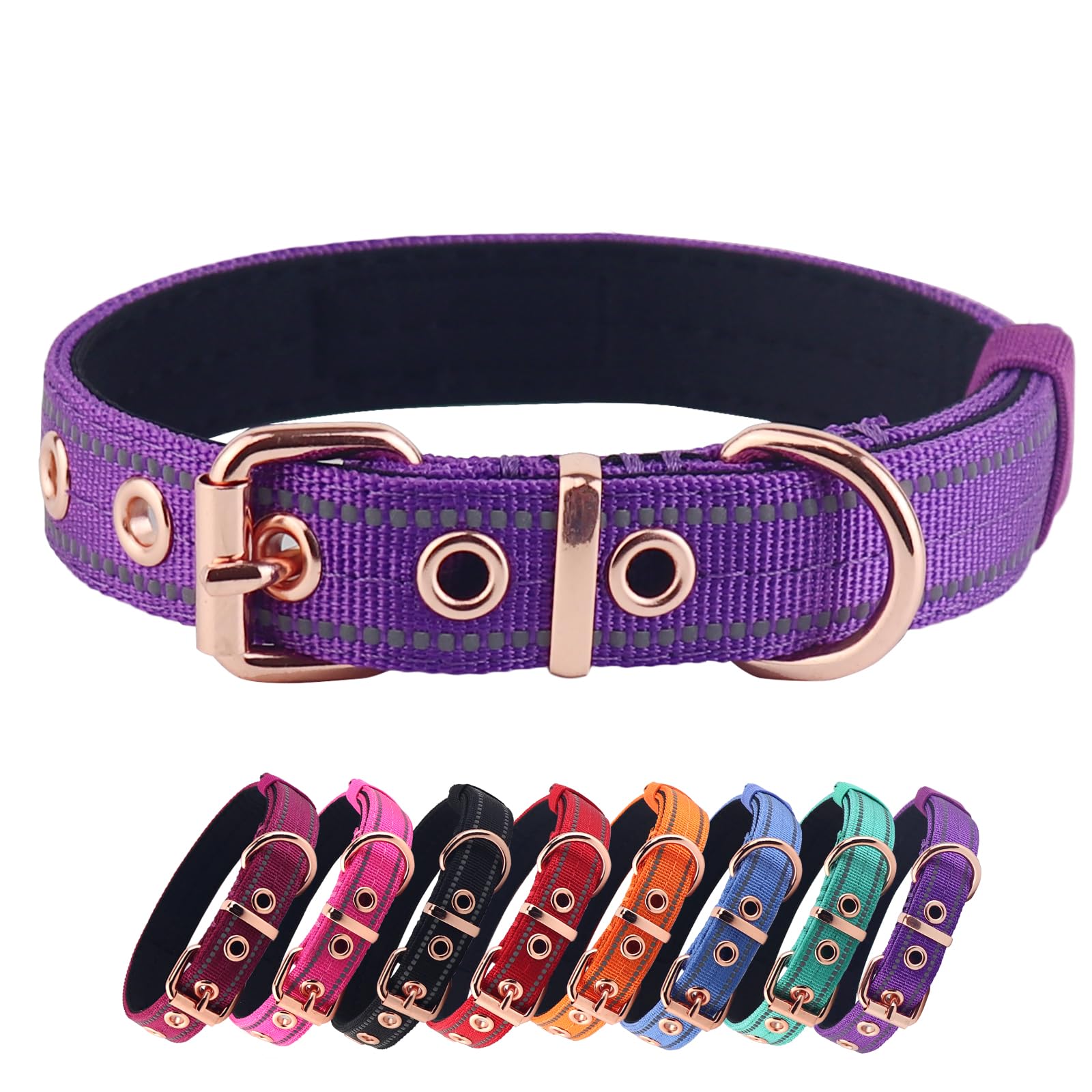 Yunleparks Neoprene Padded Collar, Nylon Dog Collar - Heavy Duty with Metal Buckle, Adjustable Reflective (Large, Purple)