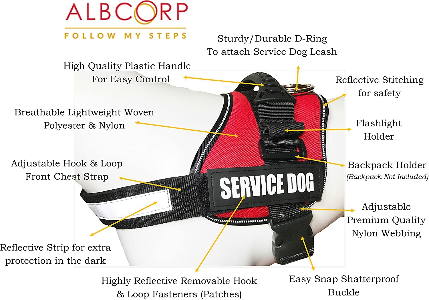 Albcorp Service Dog Vest Harness - Reflective - Woven Polyester And Nylon, Comfy Mesh Padding - Sizes From Xxs To Xl - Service Dog Patches Included. Black, Extra Large