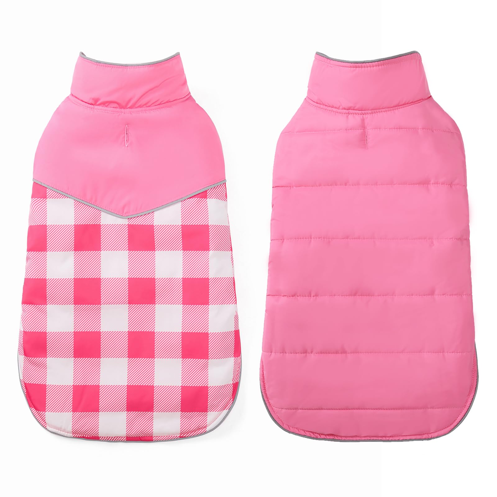 Geyecete Reversible Winter Dog Coat - Water Resistant British Style Plaid With Leash Hole, Soft Warm Jacket - Pink - X-Small