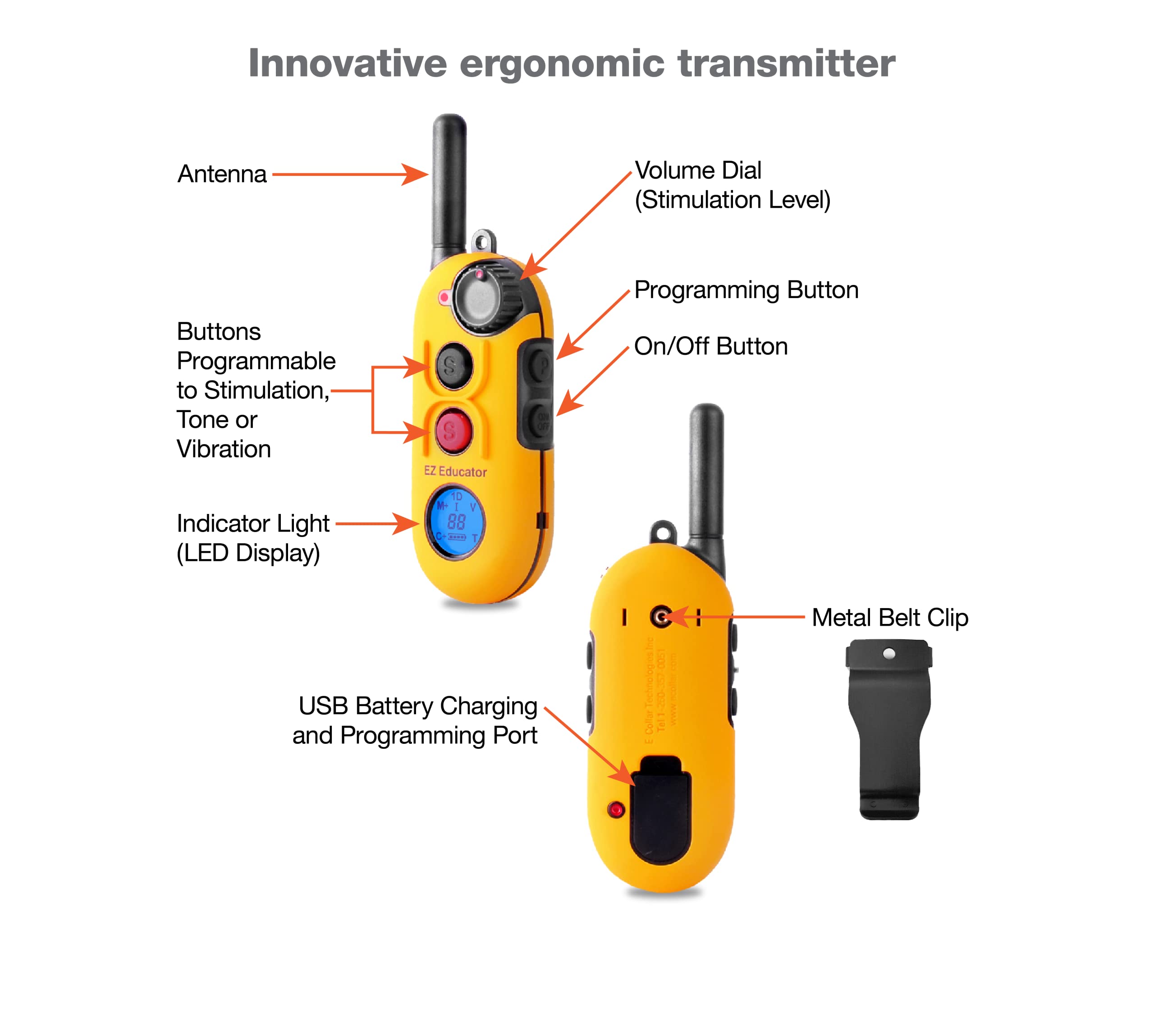 Educator Ez 1/2 Mile Dog Training Collar With Ergonomic Remote, Safe Humane Vibration Stimulation, Pavlovian Tone, Waterproof, Odorproof Biothane Collar, Night Light, Rechargeable, 1 Dog, Yellow