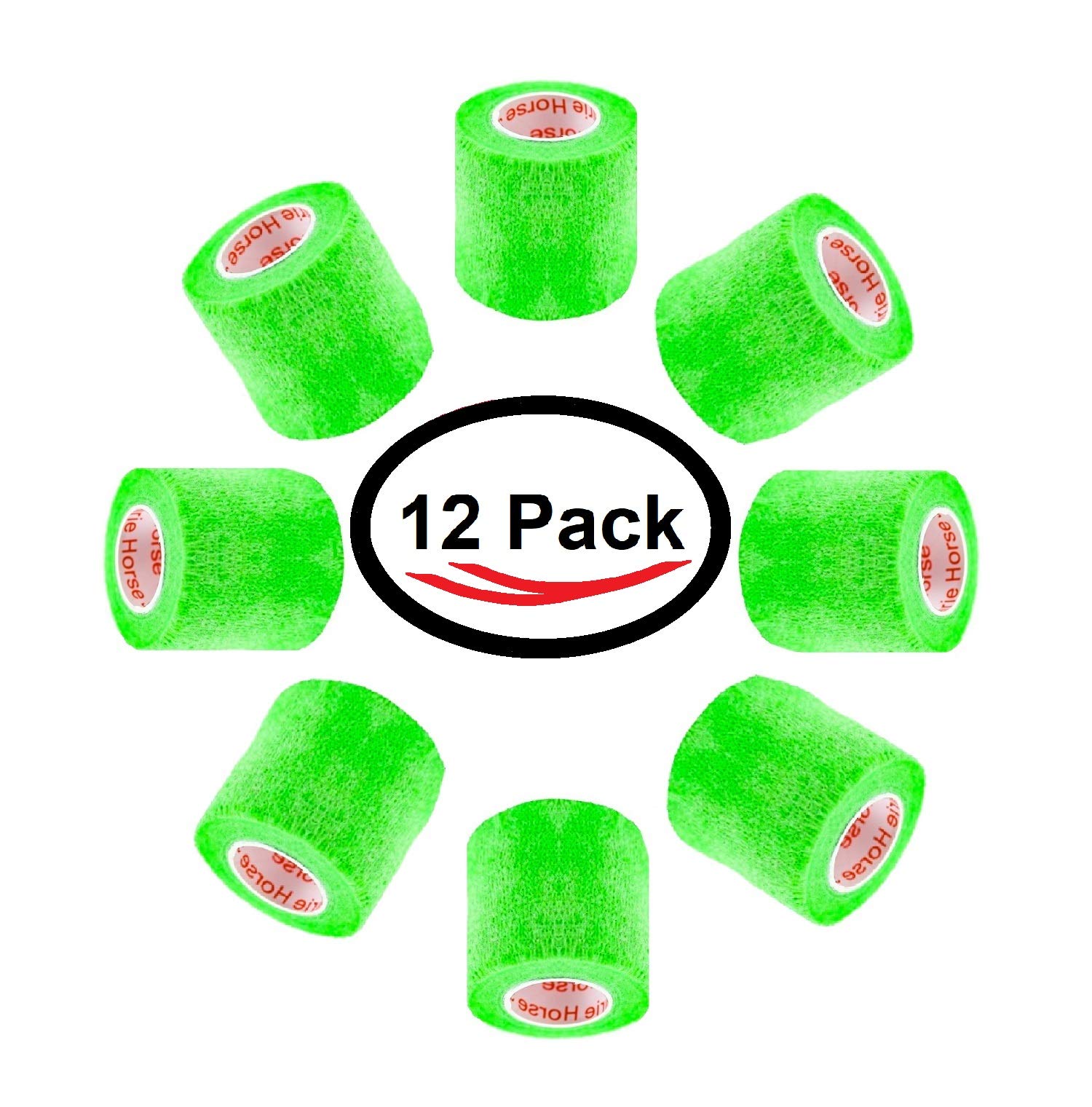 2 Inch Vet Wrap Tape Bulk (Neon Green) (Pack of 12) Self Adhesive Adherent Adhering Flex Bandage Grip Roll for Dog Cat Pet Horse