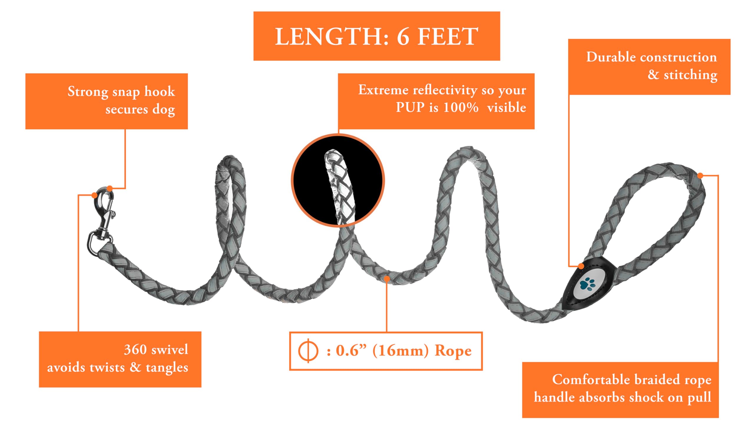 Safetypup Xd Reflective Dog Leash. Heavy Duty And Durable For Large And Medium Breeds. 6 Ft Long Rope, Tangle Free Braided Leash