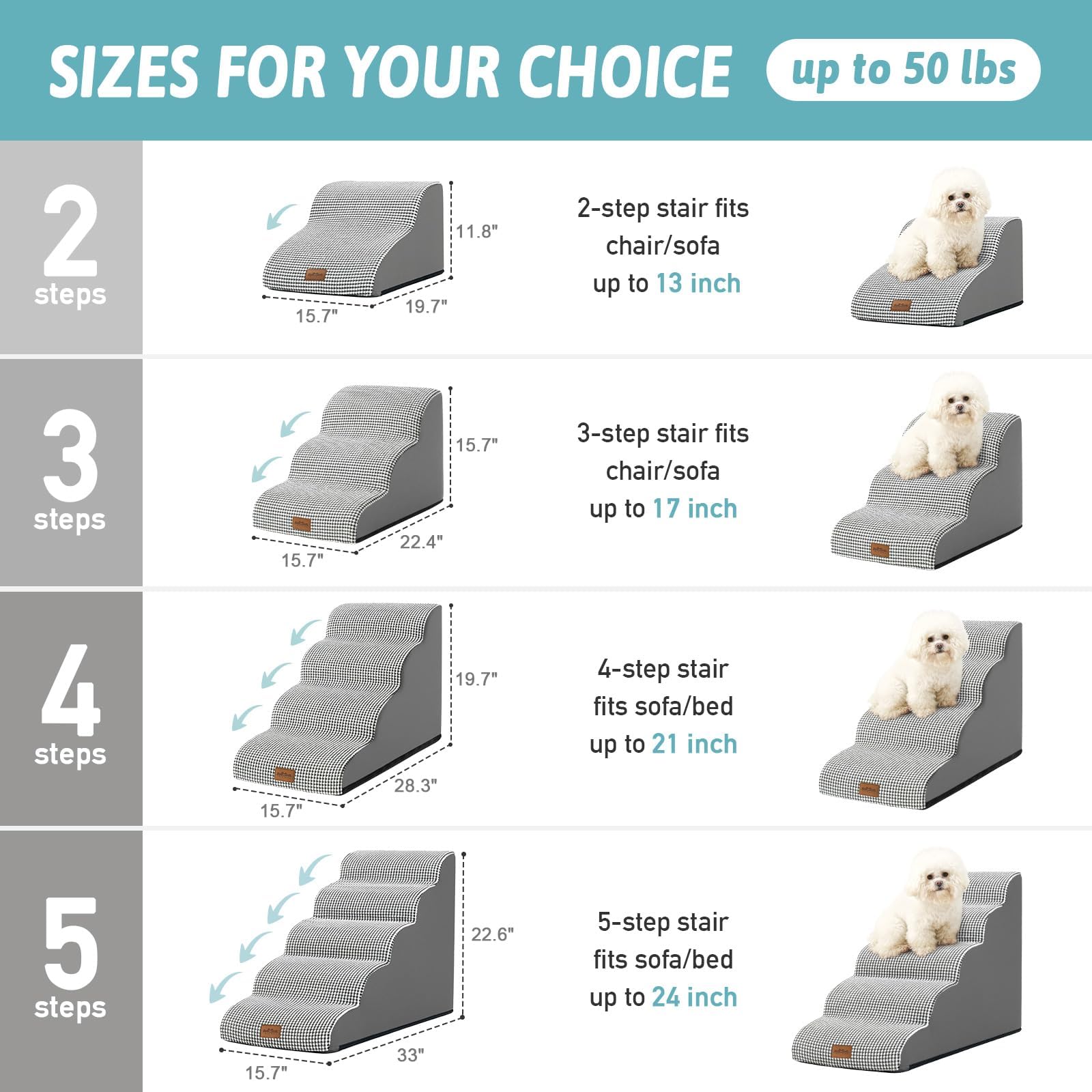 COZY KISS Dog Stairs, 3 Step Foam Ramp for Small Dogs & Cats, 15.7" H, White Black, Curved Design for Couch or Chair