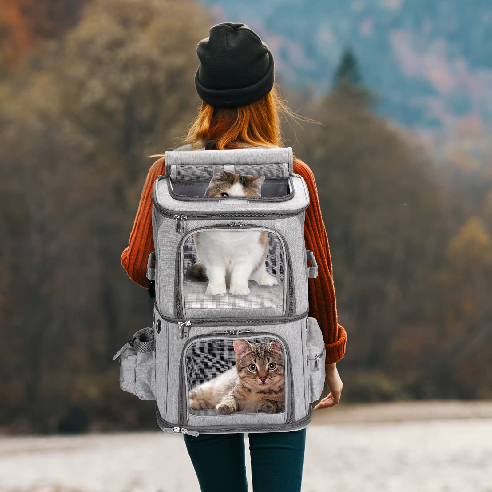 Hovono Double-Compartment Pet Carrier Backpack For Small Cats And Dogs, Cat Travel Carrier For 2 Cats, Perfect For Traveling/Hiking/Camping, Grey