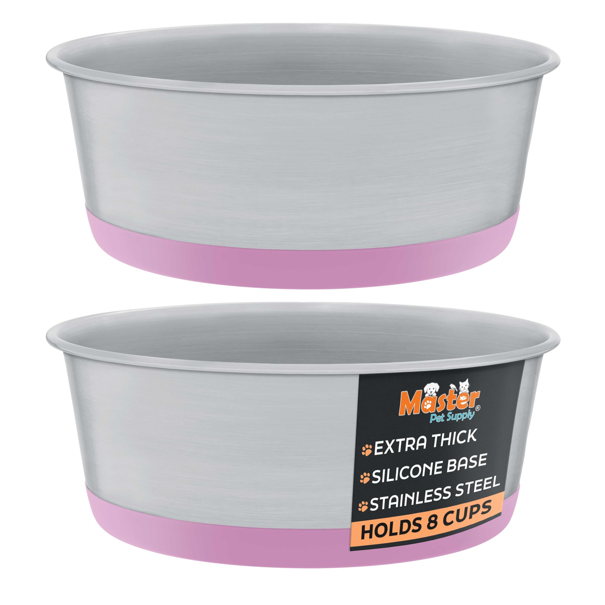 Master Pet Supply Stainless Steel Dog Bowls Set of 2 with Extra Thick Silicone Base - 8 Cup (64 oz) Hyper Pink, Non-Slip, Dishwa
