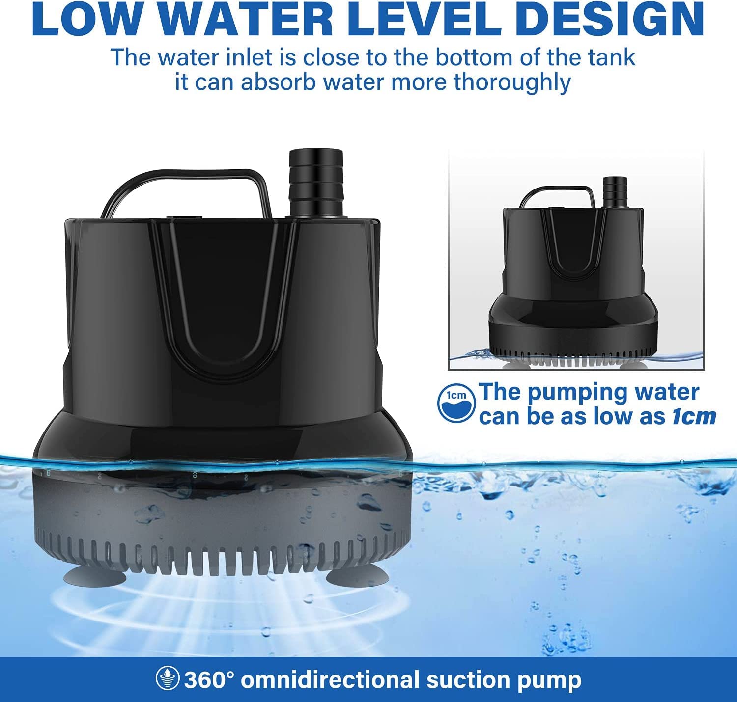 Simple Deluxe 800GPH Bottom Suction Submersible Pump (3000L/H, 60W) with 9.8ft High Lift, Fountain Pump with 3 Nozzles for Fish