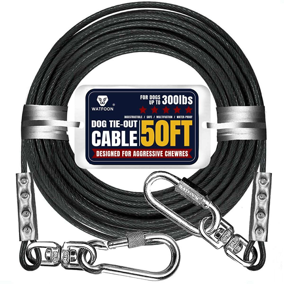 Watfoon 50Ft Dog Tie Out Cable, Training Leads Dog Run Leash For Yard, Reflective Heavy Duty Pet Runner Cable For Dogs Up To 300