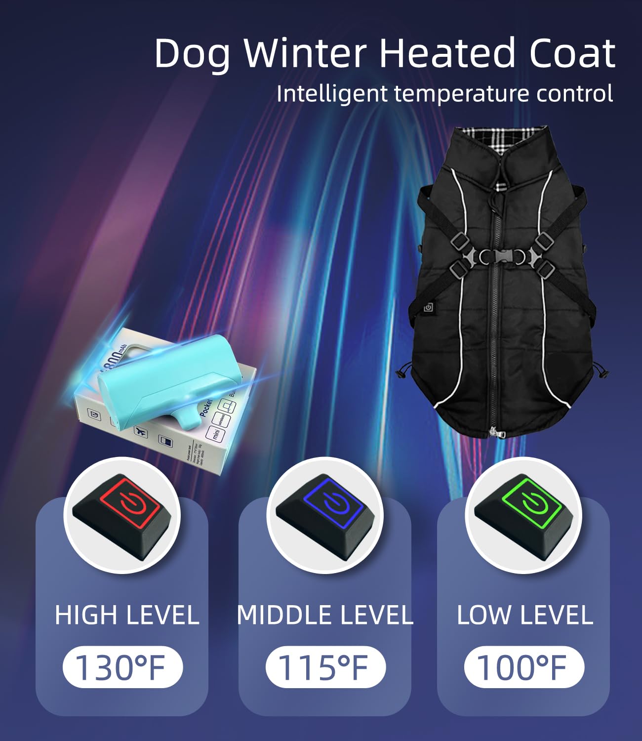 Comoil Heated Dog Warm Jackets,Heated Winter Dog Vest For Usb Charging,Power Bank Included,Water Resistant, Reflective Cold Weather Coats With Dual D Ring Leash For Dogs And Cats,Portable(Black M)