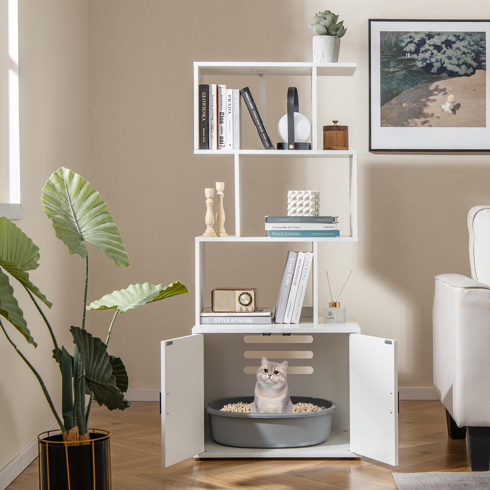 Petsite Cat Litter Box Furniture With 3 Shelves And Doors, 56 Inch Tall Cat Box Enclosure With Display Shelves And Side Entry, I