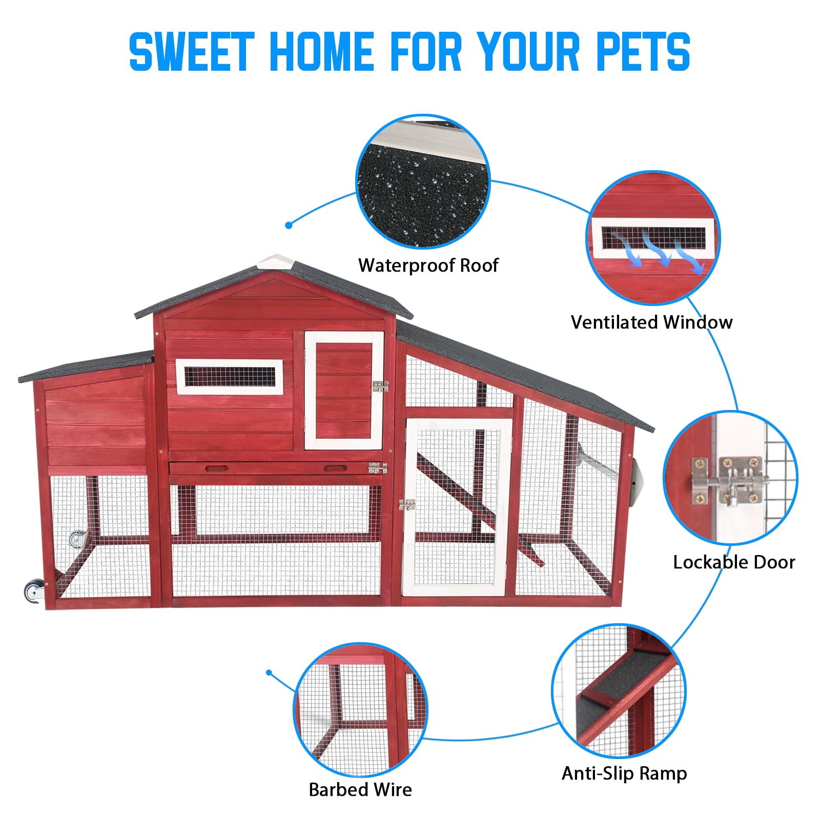 Chicken Coop and Run, Two Story Mobile Rabbit Hutch Indoor Outdoor, Wooden Hen House with Nesting Box Rabbit Cage on Wheels, Ram