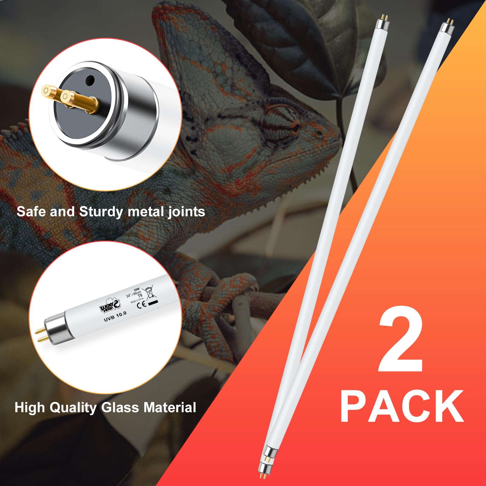 LUCKY HERP 2 Pack T5 UVB 10.0 Reptile Light 39W, UVA UVB Fluorescent Lamp Tube, UVB Lighting Bulb for Turtles, Chameleon, Tortoi