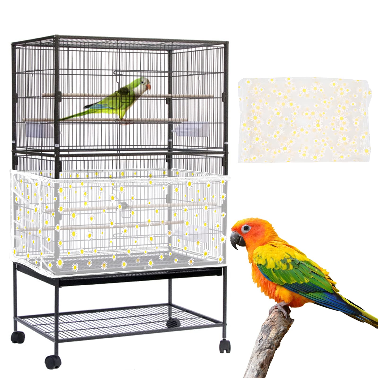 Daoeny Large Bird Cage Cover, Bird Cage Seed Catcher, Adjustable Soft Nylon Mesh Net With Daisy Pattern, Birdcage Cover Skirt Seed Guard For Parrot Parakeet Macaw Round Square Cages (White)