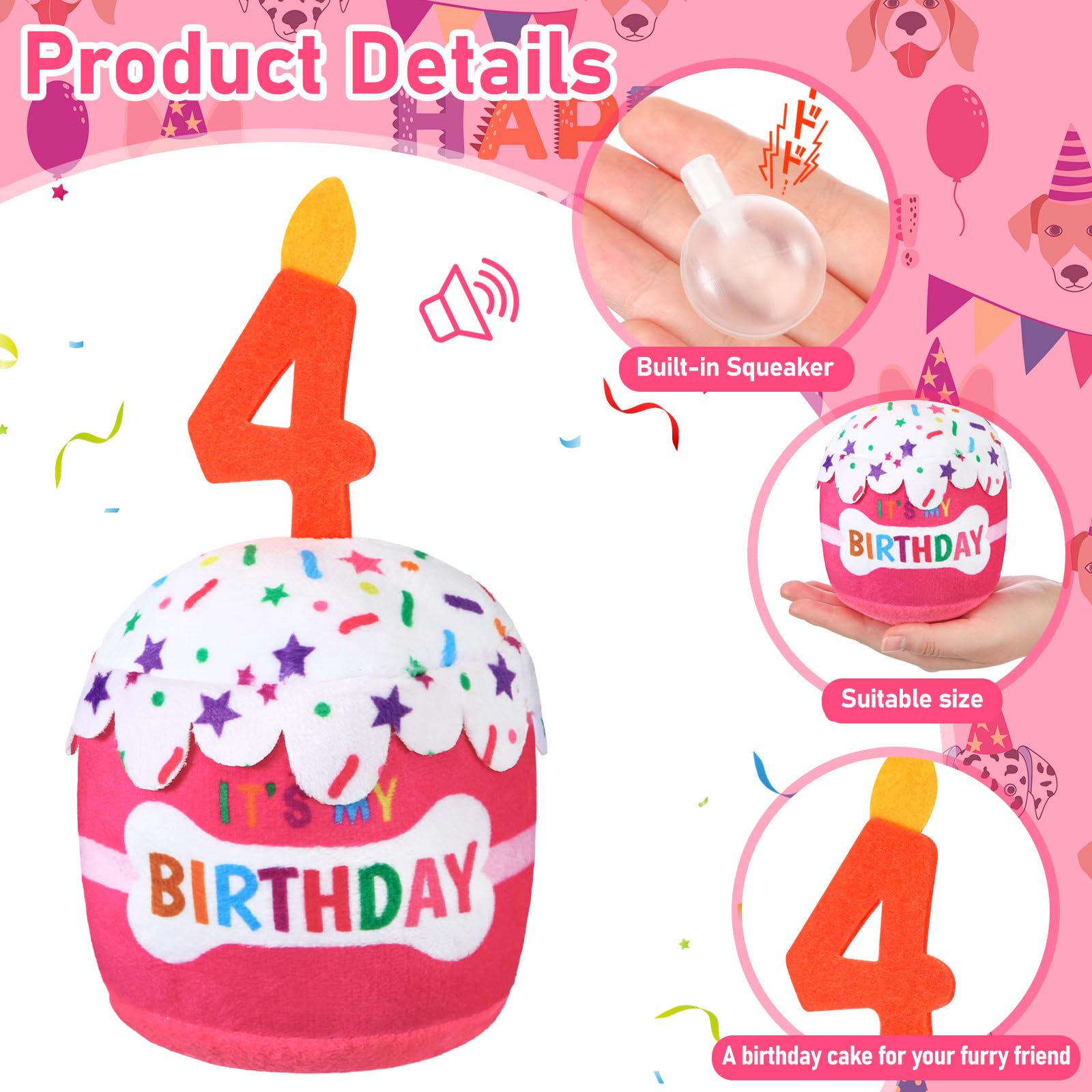 Dansydaisy Dog 4Th Birthday Cake Toy Accessories For Girl Boy Gifts, Pink Squeaky Plush Toy For Dog Birthday Party Decor Favor F