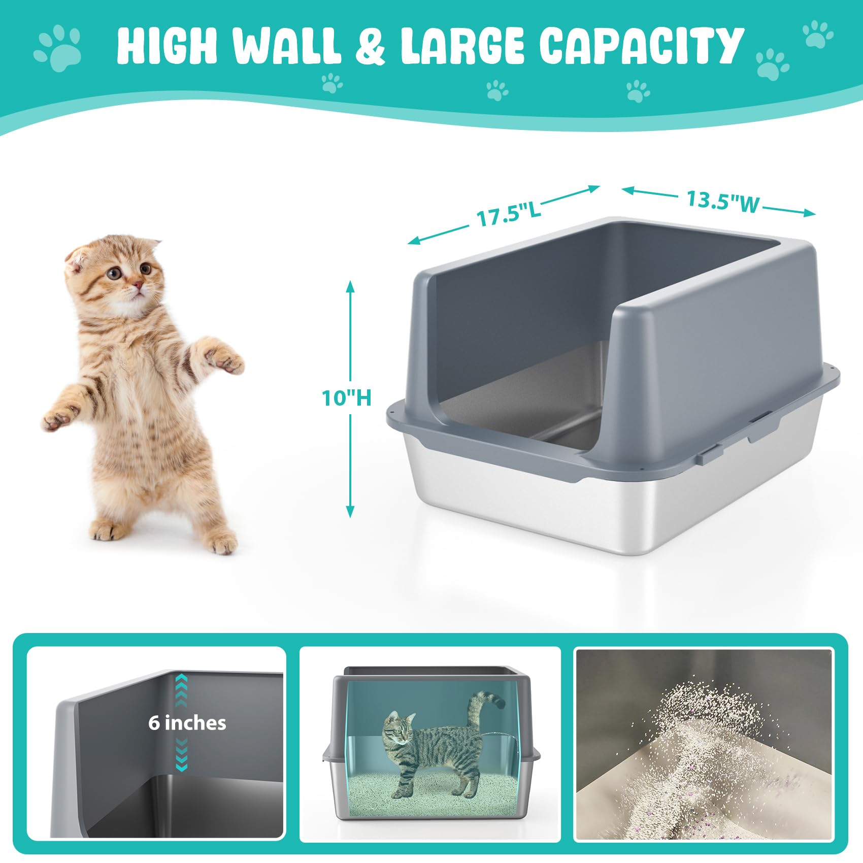 Lihoooom Litter Box With Lid, Stainless Steel Litter Box, 10'' Metal Litter Tray High Sides, Small Litter Pan For Kittens, Enclo