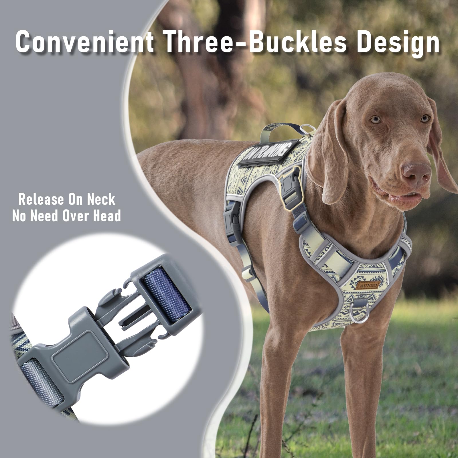 Aunzo Gray Tactical Dog Harness For Large Dog Breeds, No Pull Adjustable Pet Harness With Handle, Reflective K9 Military Service