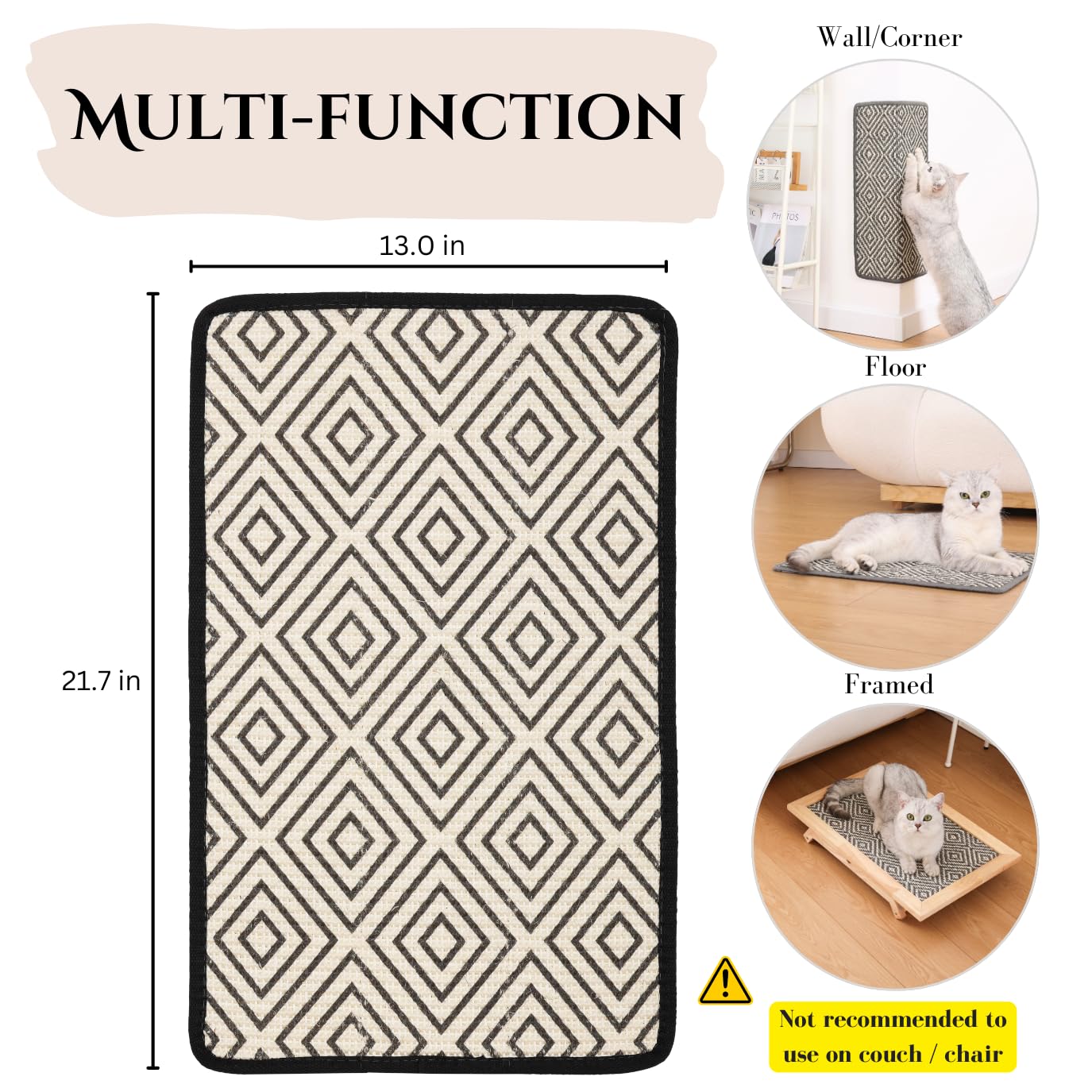 Boho Sisal Cat Scratcher Mat With Adhesive Strips (Scratch Protector For Carpet, Sofa, Wall, Corner Furniture), Durable And Shed