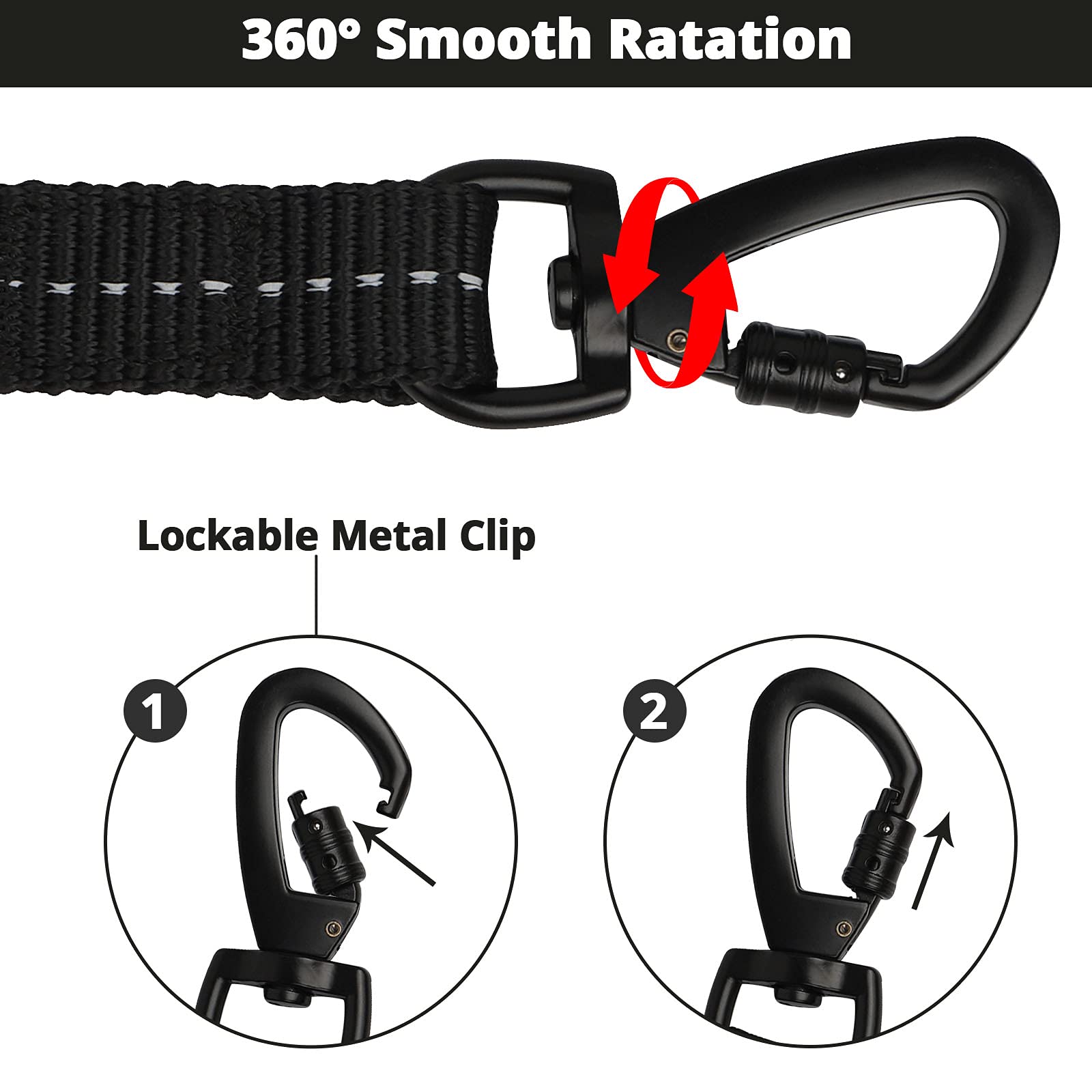 Jenico Long Dog Leash - 100 FT Heavy Duty Nylon with Bungee Hook, Reflective, Padded Handle, Black for All Dog Sizes