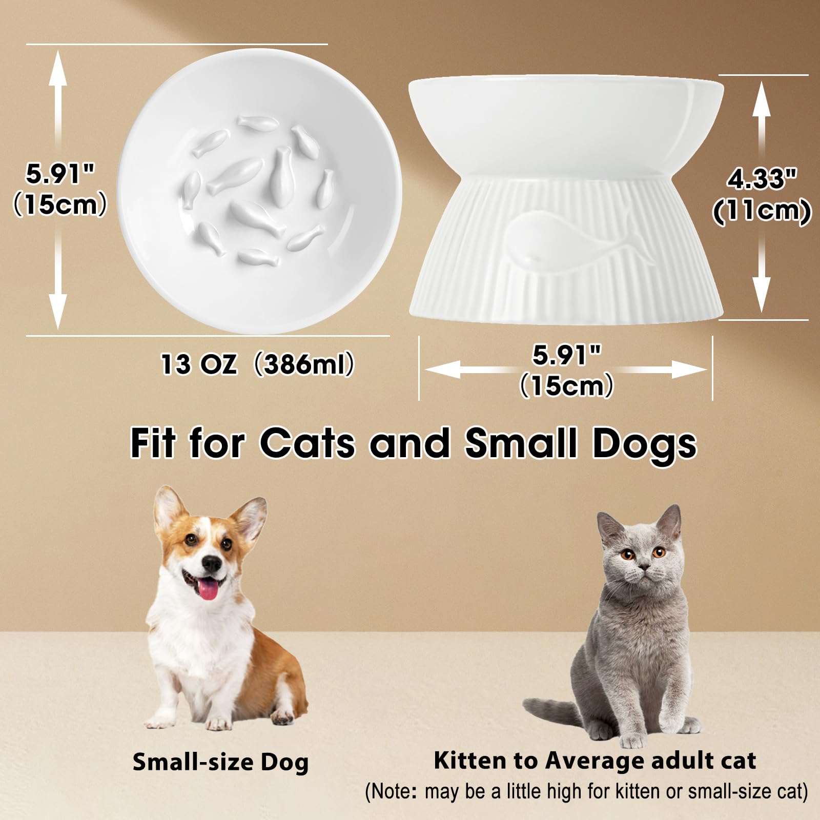 Kopmath Raised Cat Slow Feeder, Ceramic Slow Feeder Cat Bowl, Upgraded Ridges to Prevent Vomiting and Indigestion, No Spill High