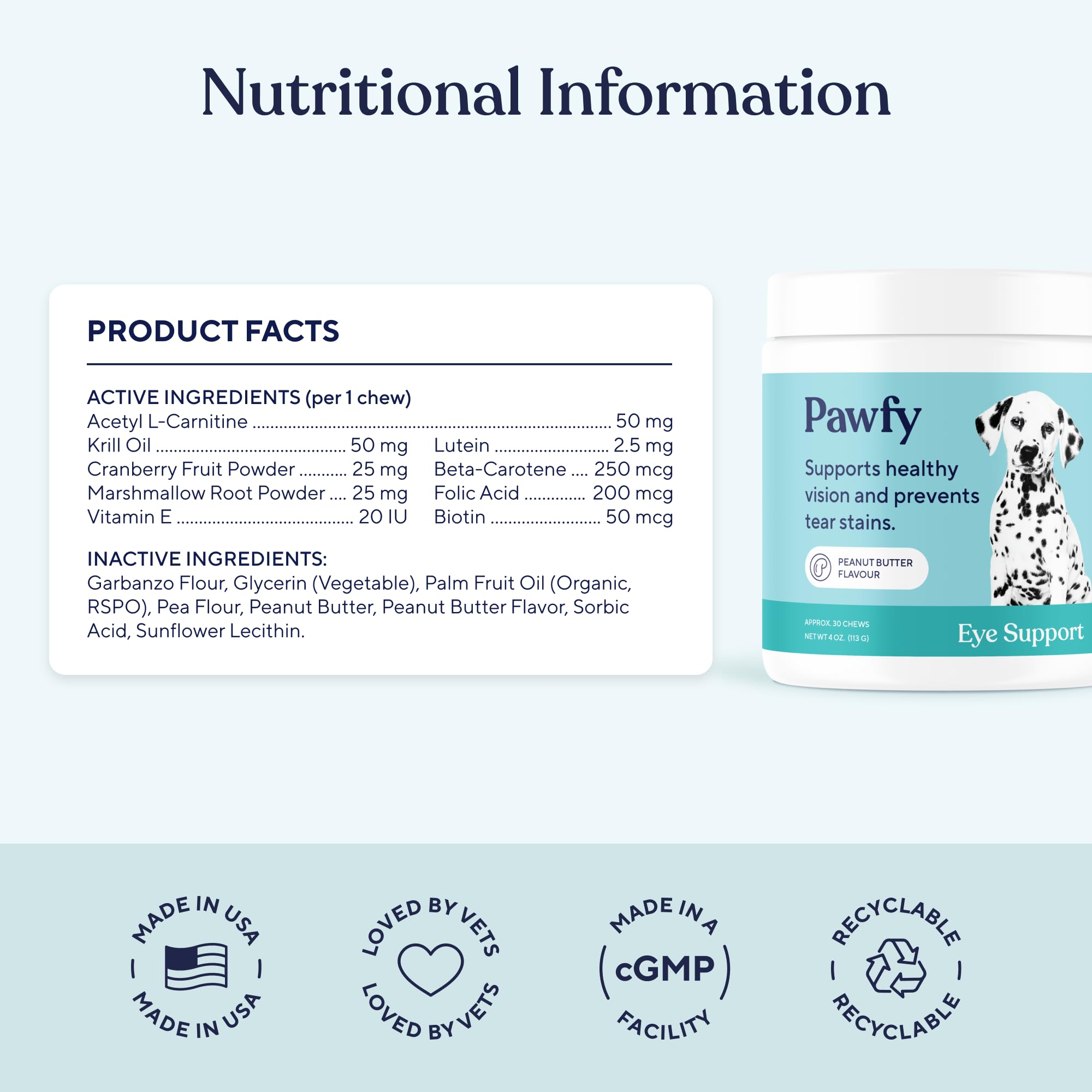 Pawfy Eye Support Soft Chews for Tear Stains & Eye Health with Lutein, Krill Oil & Astaxanthin