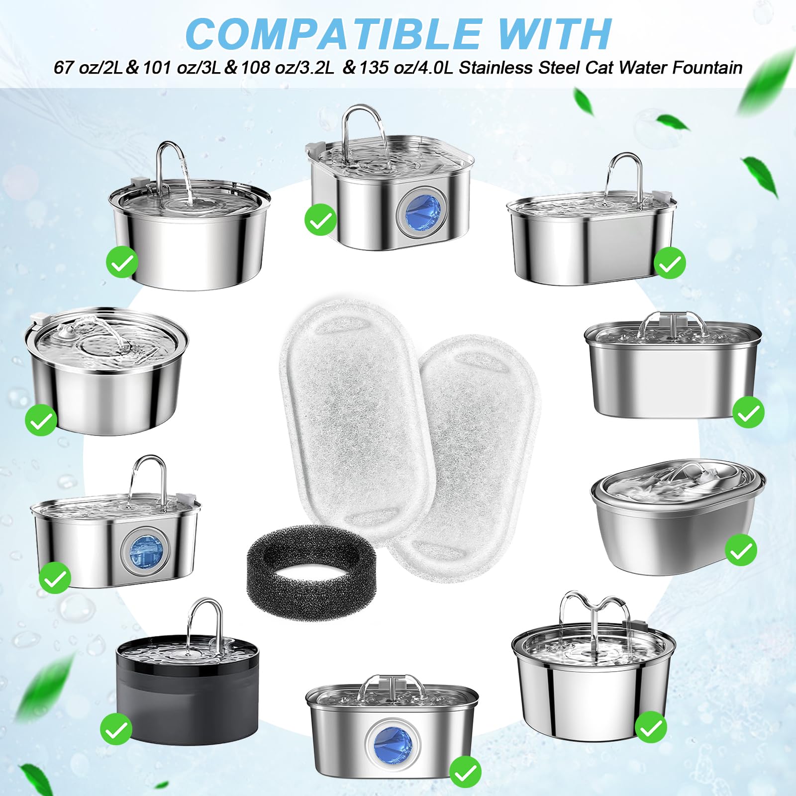 Cat Water Fountain Filter, 4 Pcs Cat Filters Replacement Pet Water Fountain Filters with 4 Pcs Sponges Foam for 67oz/2L & 108oz/