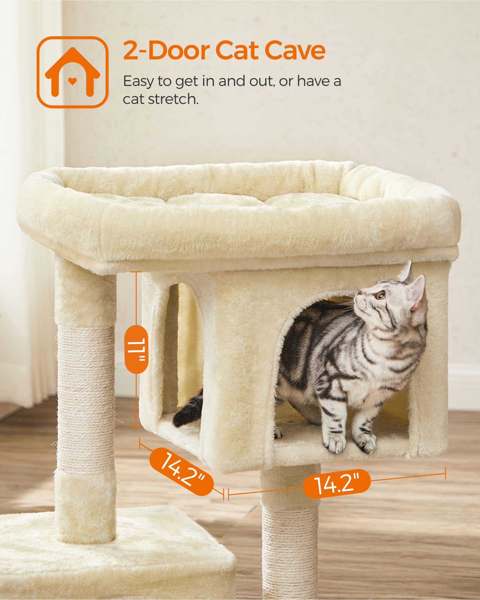 Feandrea Cat Tree, 33.1-Inch Cat Tower, L, Cat Condo for Large Cats up to 16 lb, Large Cat Perch, 2 Cat Caves, Scratching Post,