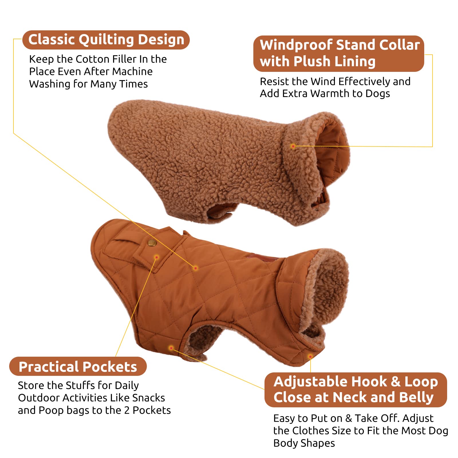 Queenmore Cold Weather Dog Coat, Winter Quilting Dog Jacket Ultra Warm Thick Plush Lining With Storage Pockets (Brown, X-Small)