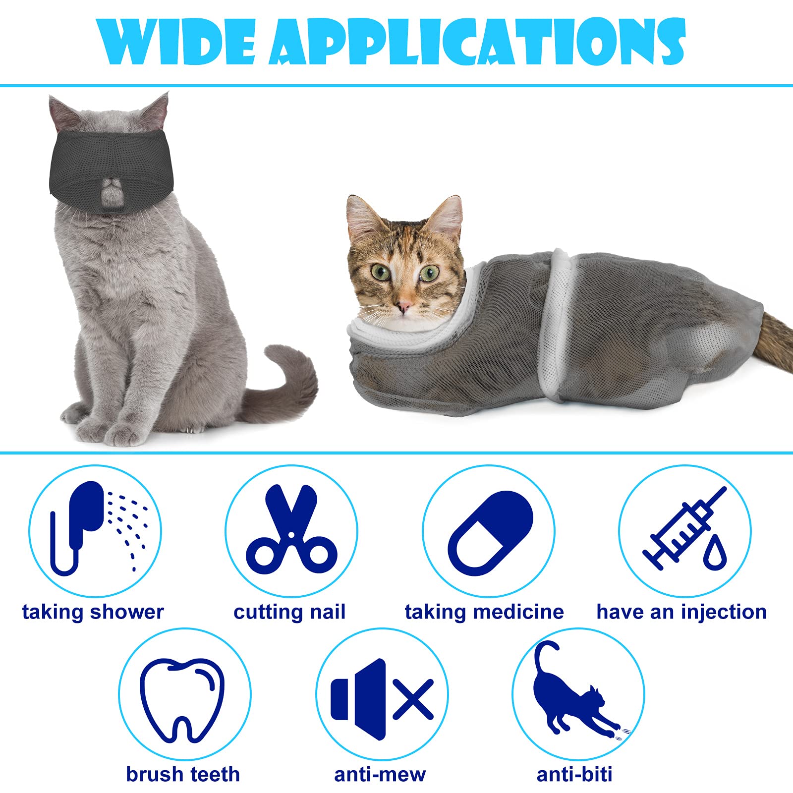 5 Pieces Cat Bathing Bag Set Cat Grooming Bag Adjustable Pet Shower Net Bag Cat Muzzles Anti-Bite Anti-Scratch Nail Clipper Tick Remover Tool Massage Brush For Bathing Cleaning Trimming (Grey-White)