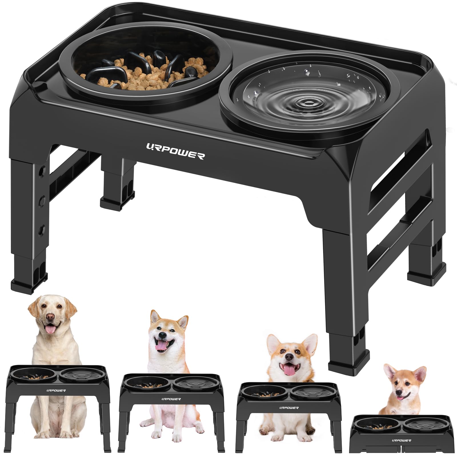 URPOWER 2-in-1 Elevated Dog Bowls Mess Proof Slow Feeder Dog Bowls with No Spill Dog Water Bowl 4 Height Adjustable Raised Dog B