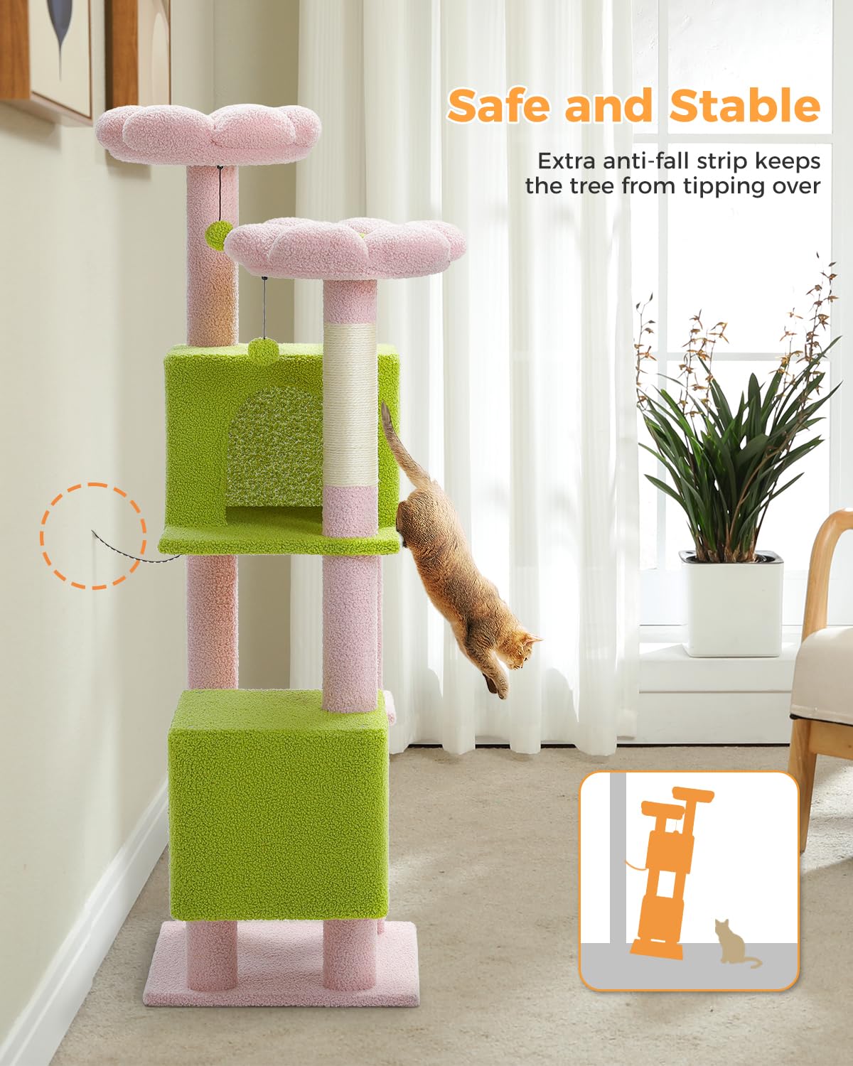 Muttros Flower Cat Tree, 52.4'' Cute Cat Tower For Indoor Cats With 2 Flower Padded Perches, 2 Condos & 2 Scratching Posts, Pink
