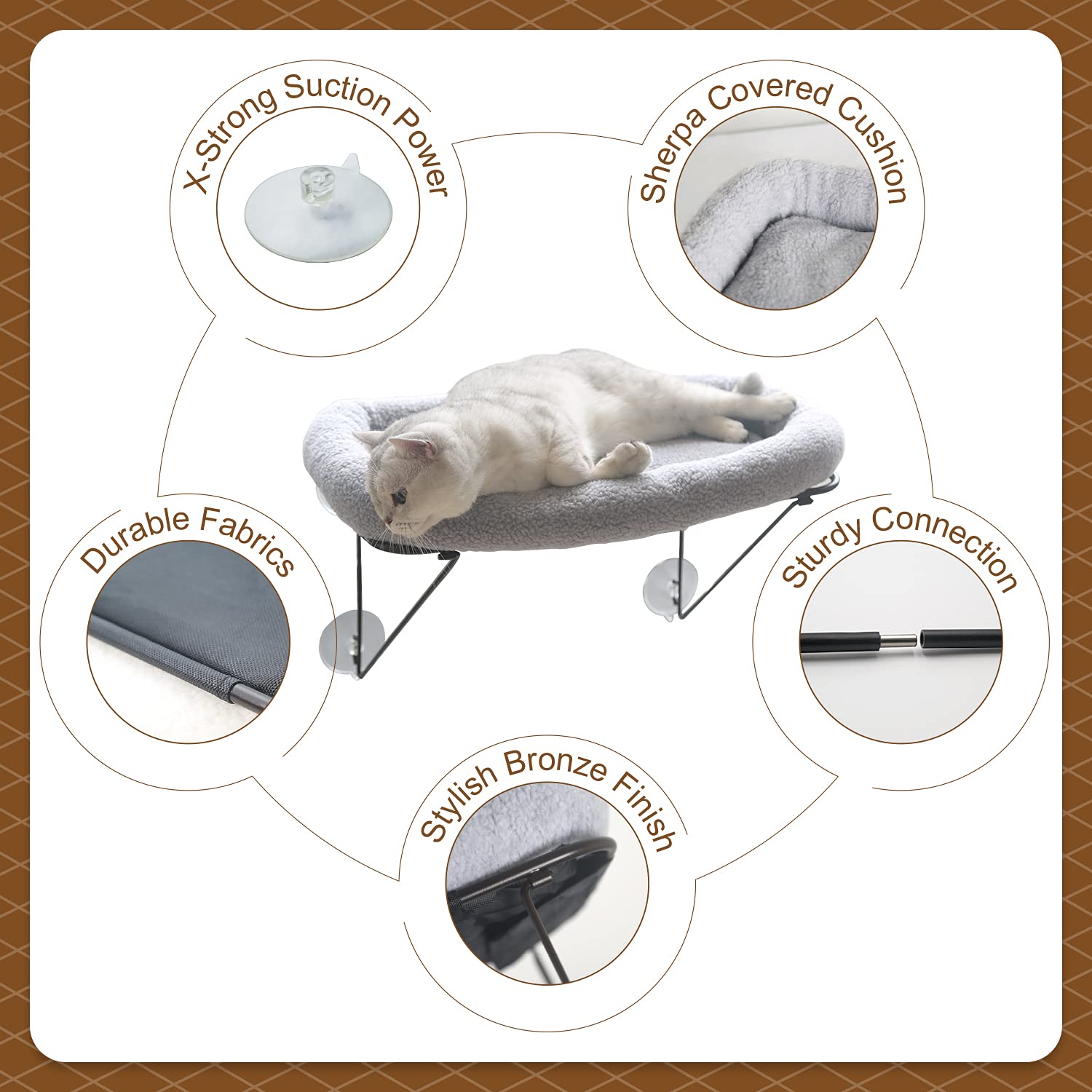 Zakkart Cat Window Perch - Metal Hammock for Large Cats - 23"x13"x12.5" - Grey with Spacious Bed for Sunbathing & Napping
