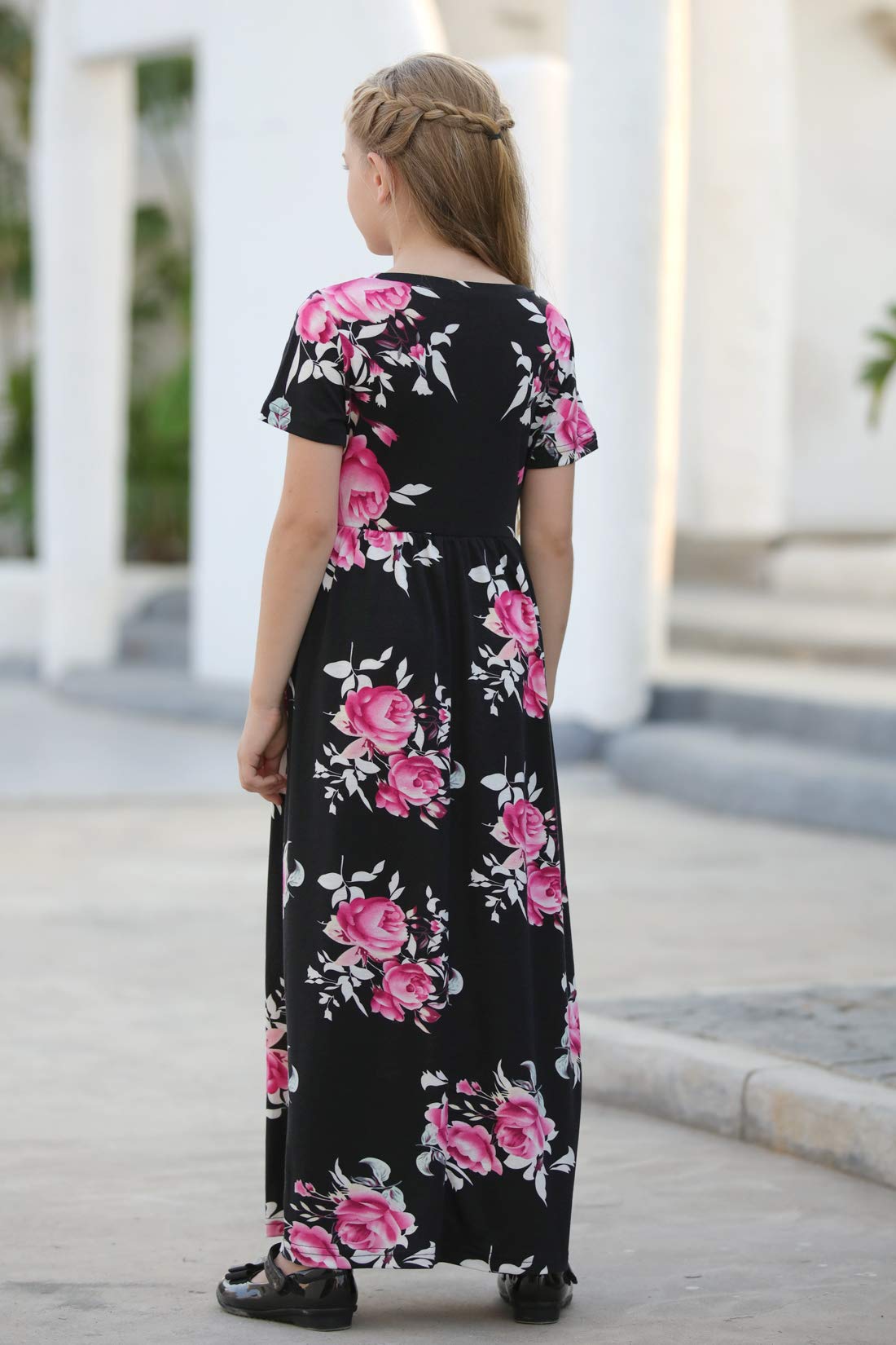 Gorlya Girls Short Sleeve Floral Print Loose Casual Long Maxi Dress With Pockets 4-12 Years (11-12Yearsheight:150Cm, Black Print