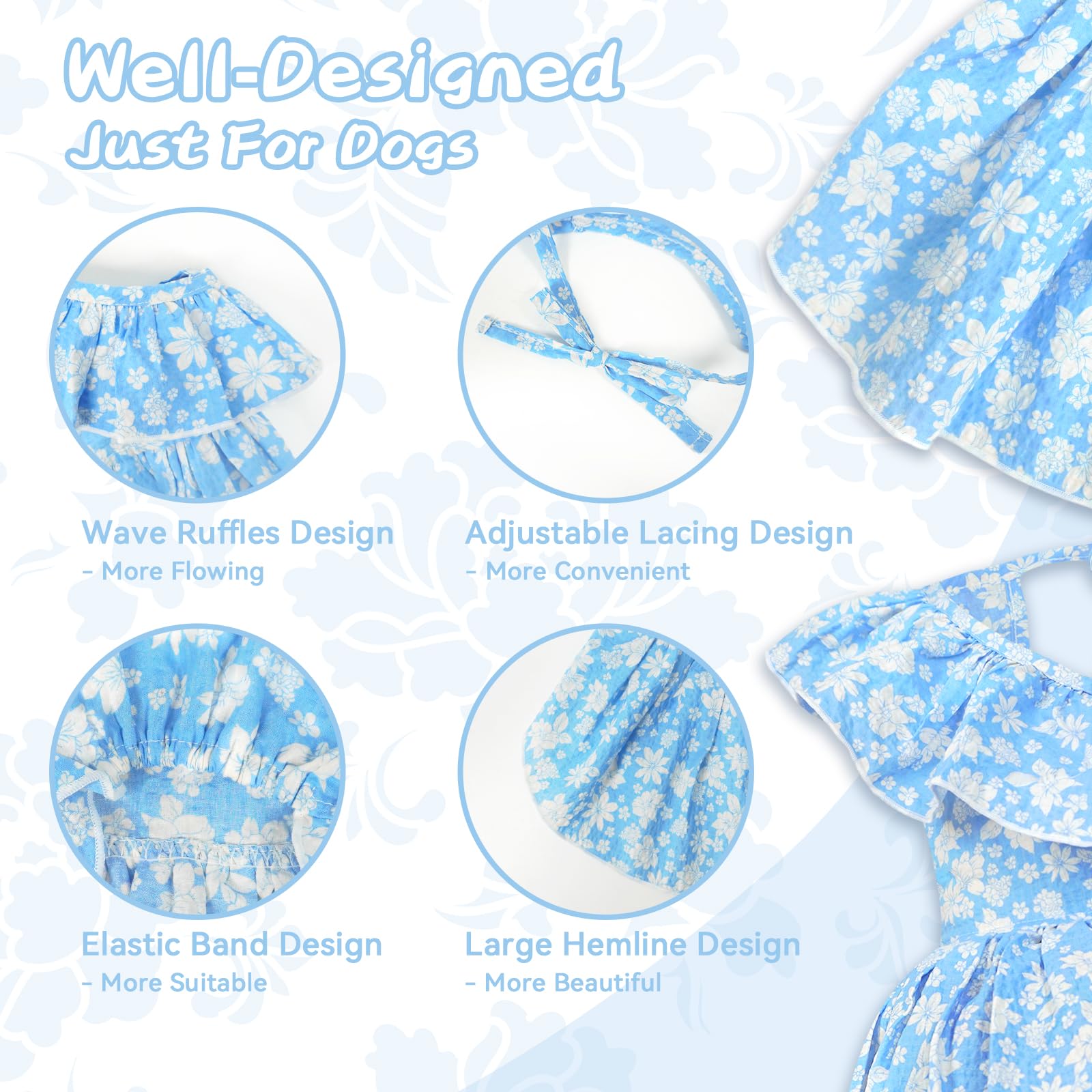 Topkins Dog Dress, Dog Evening Dress With Lace-Up, Cute Dog Sundress With Pretty Prints For Small Dog (Blue, L)